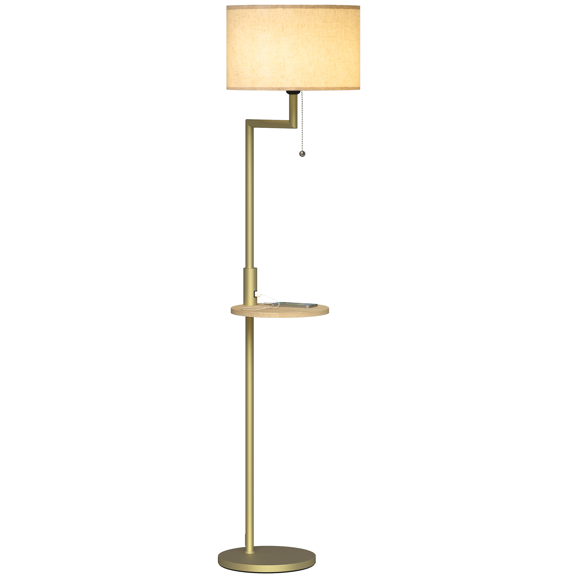 Moderne Stehlampe Mit Ablage, Leinenschirm, Zugschalter Und Usb-anschluss, Ø 40 X 170 Cm, Für Das Wohnzimmer, Gold