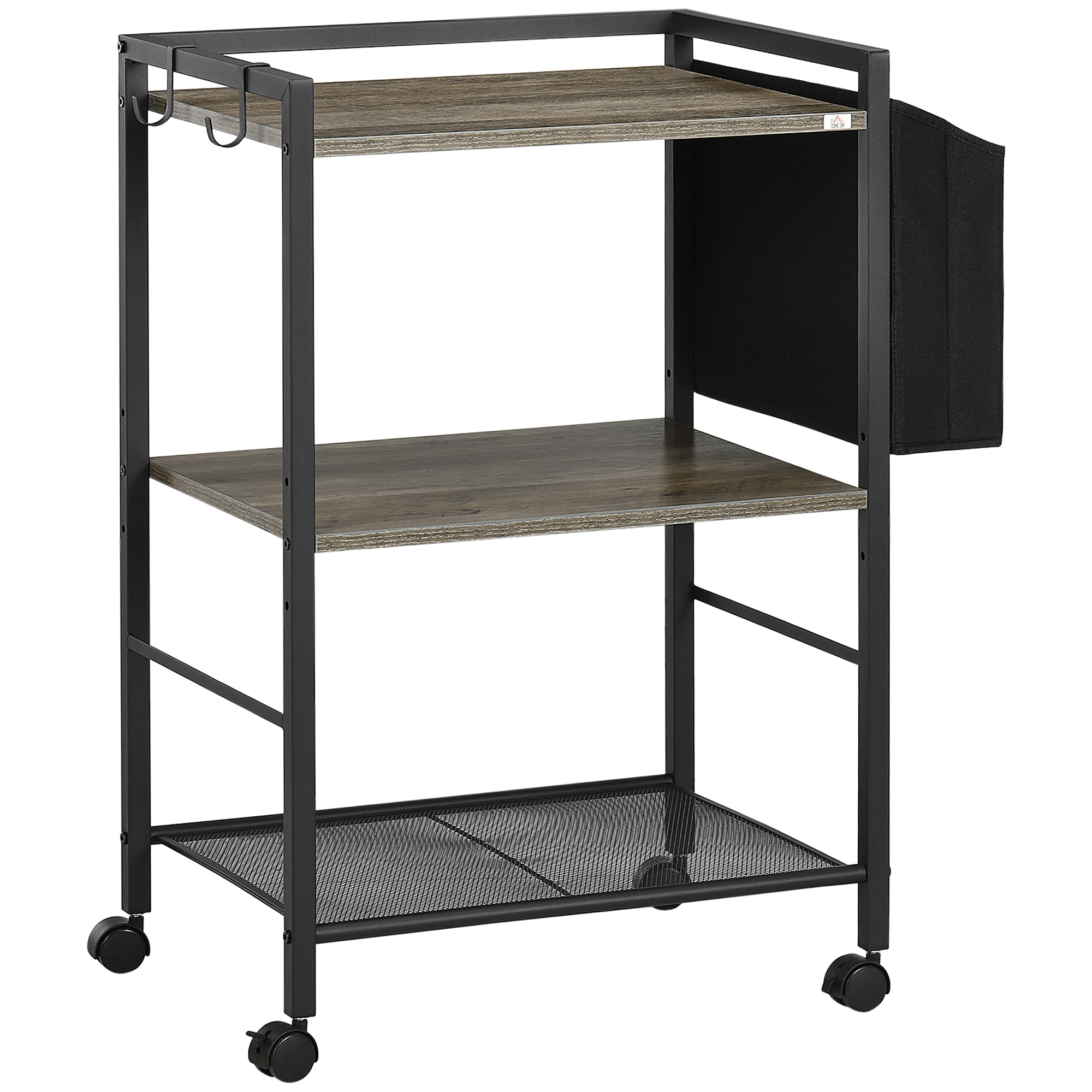 Dreistöckiger Servierwagen Mit Stofftasche Und 2 Haken Für Wohnzimmer, Küche Und Esszimmer, 66 X 40 X 80,5 Cm, Grau