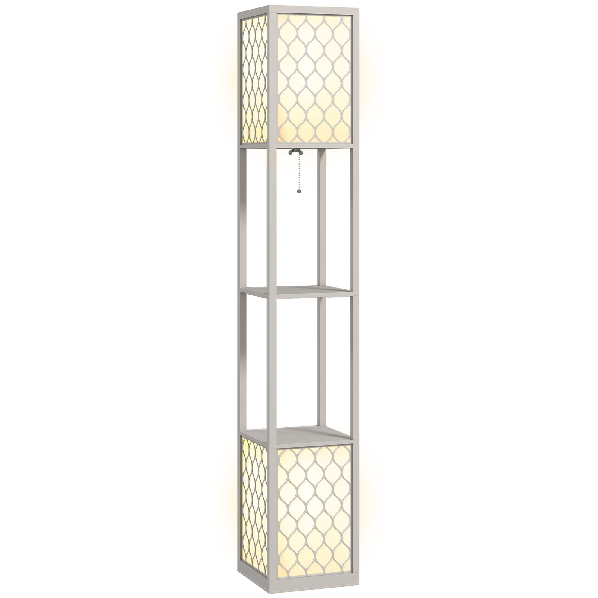 Stehlampe Mit Ablage, 2 Leuchten, 2 Ablagen, 4 Ebenen, Graue Mdf-platte Mit Wabenmuster, 26 X 26 X 156 Cm, Grau