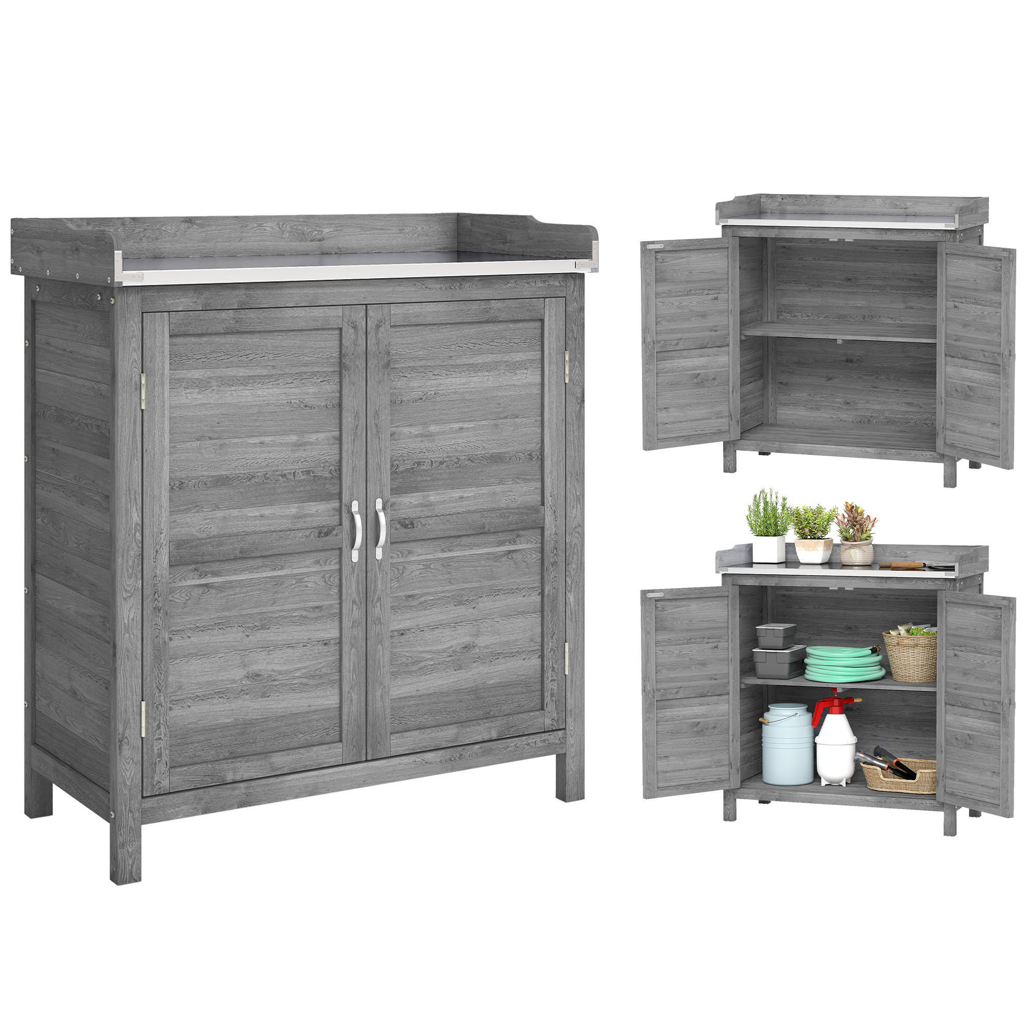 Gartenschrank Mit Pflanztisch, Geräteschuppen Aus Holz Mit Verzinkter Arbeitsplatte Und 2 Regalböden, Grau