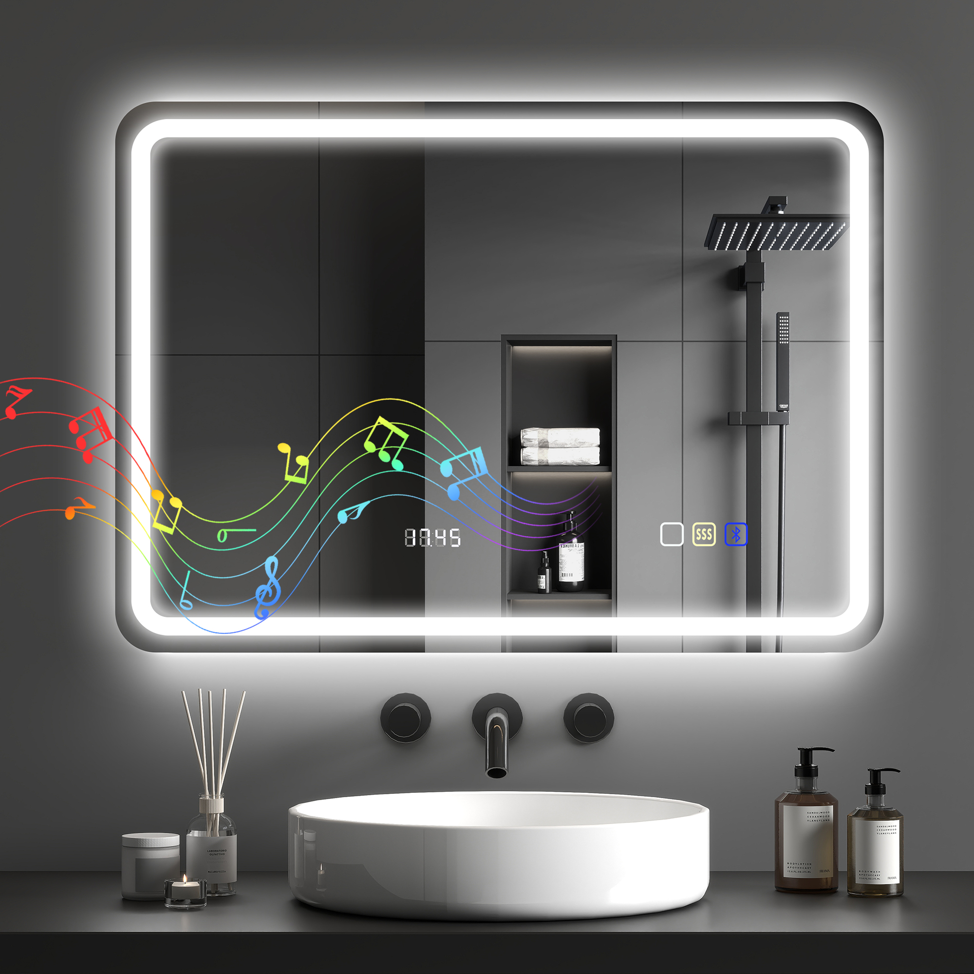 Bluetooth-badezimmerspiegel Mit Led-beleuchtung, 50 X 70 Cm, Beleuchteter Wandspiegel Mit Uhr, Beschlagfrei, Silber