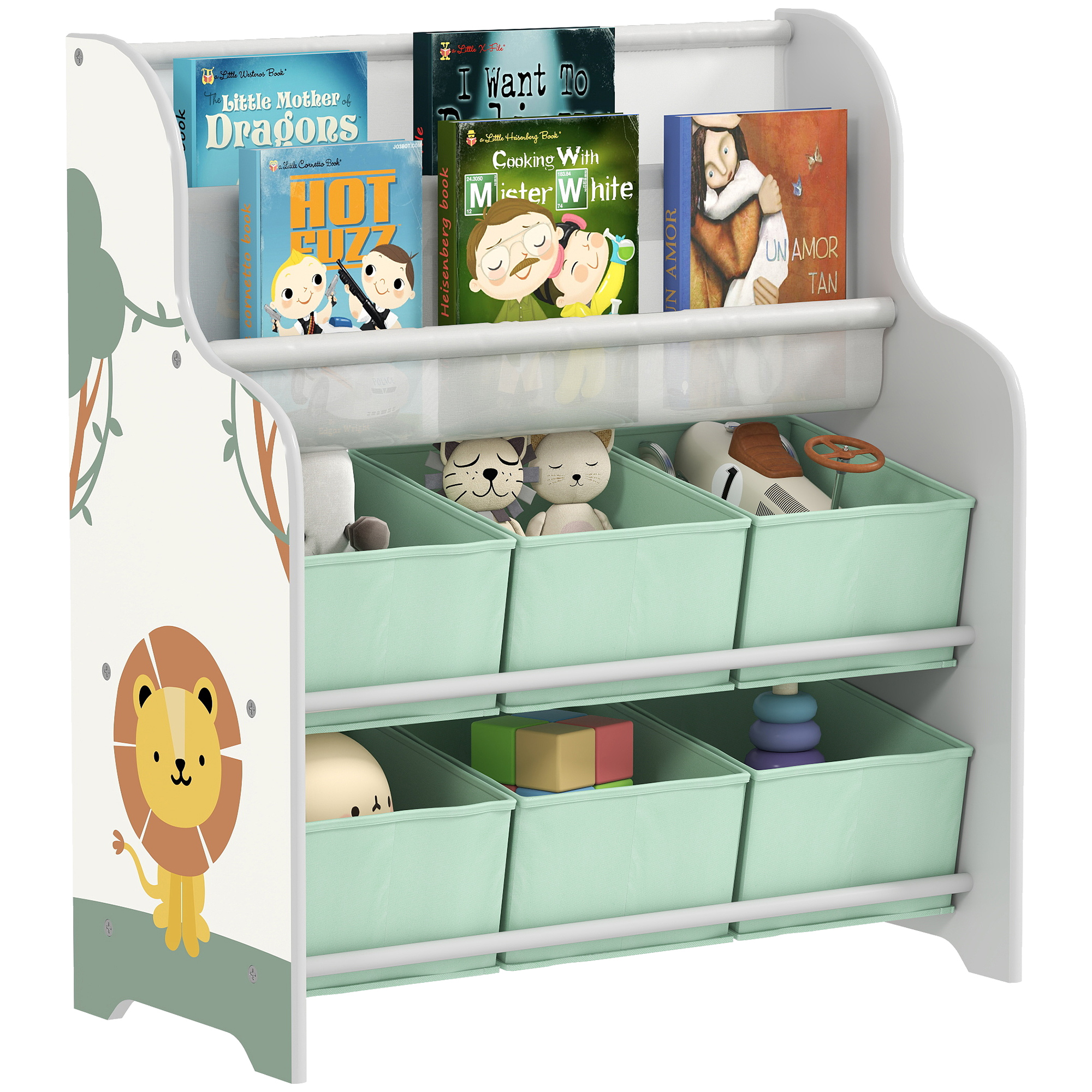 Spielzeugaufbewahrungseinheit Mit 6 Stoffschubladen Und Einem 2-stöckigen Bücherregal, Holz Und Stahl, 63 X 30 X 71 Cm, Grün
