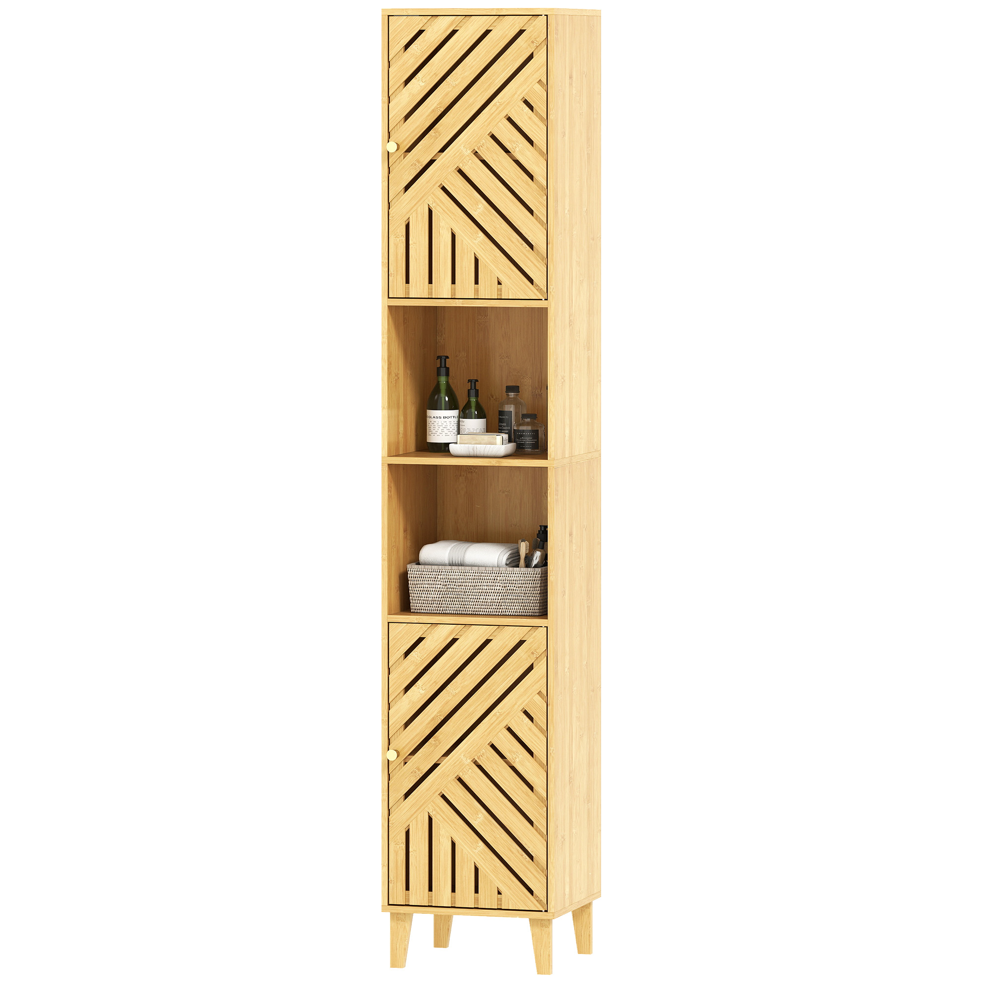 Badezimmerschrank Mit Zwei Fächern Und Zwei Regalböden (einer Davon Verstellbar), Aus Bambus Und Spanplatte, 32 X 30 X 170 Cm