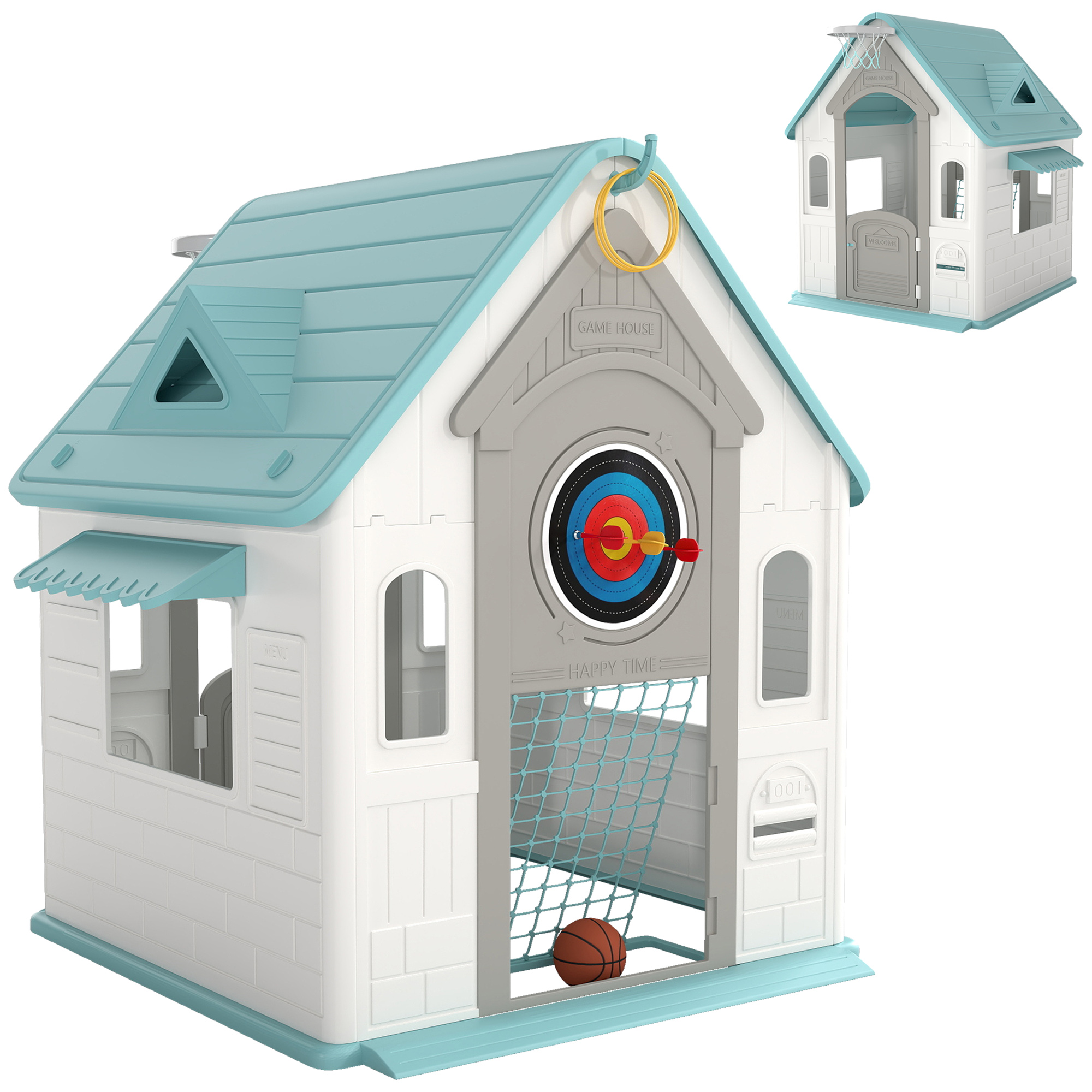 5-in-1-spielhaus Für Kinder Aus Mehrfarbigem Polypropylen Mit Basketballkorb, Ringen Und Dartscheibe, 132 X 118 X 124 Cm