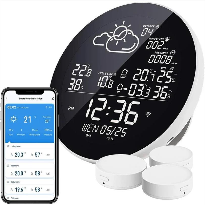 Drahtlose Wi-fi-wetterstation Mit 3 Außensensoren, Thermometer, Hygrometer, Kompatibel Mit Der Smart Life App Und Google Weather Sync, Ideal Für Wein, Zigarren, Wohnzimmer Und Zuhause.