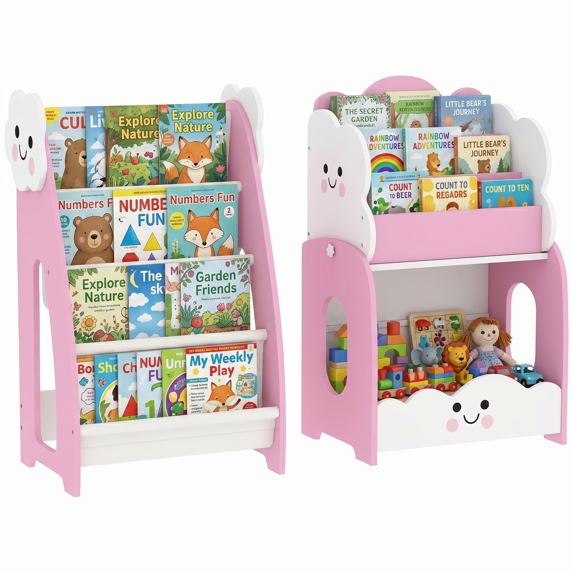 Kindermöbel Aus Holz Mit Zeitschriftenständer, Dreistöckigem Bücherregal Und Nachttisch, 85,5 X 32 X 72 Cm, Rosa Und Weiß