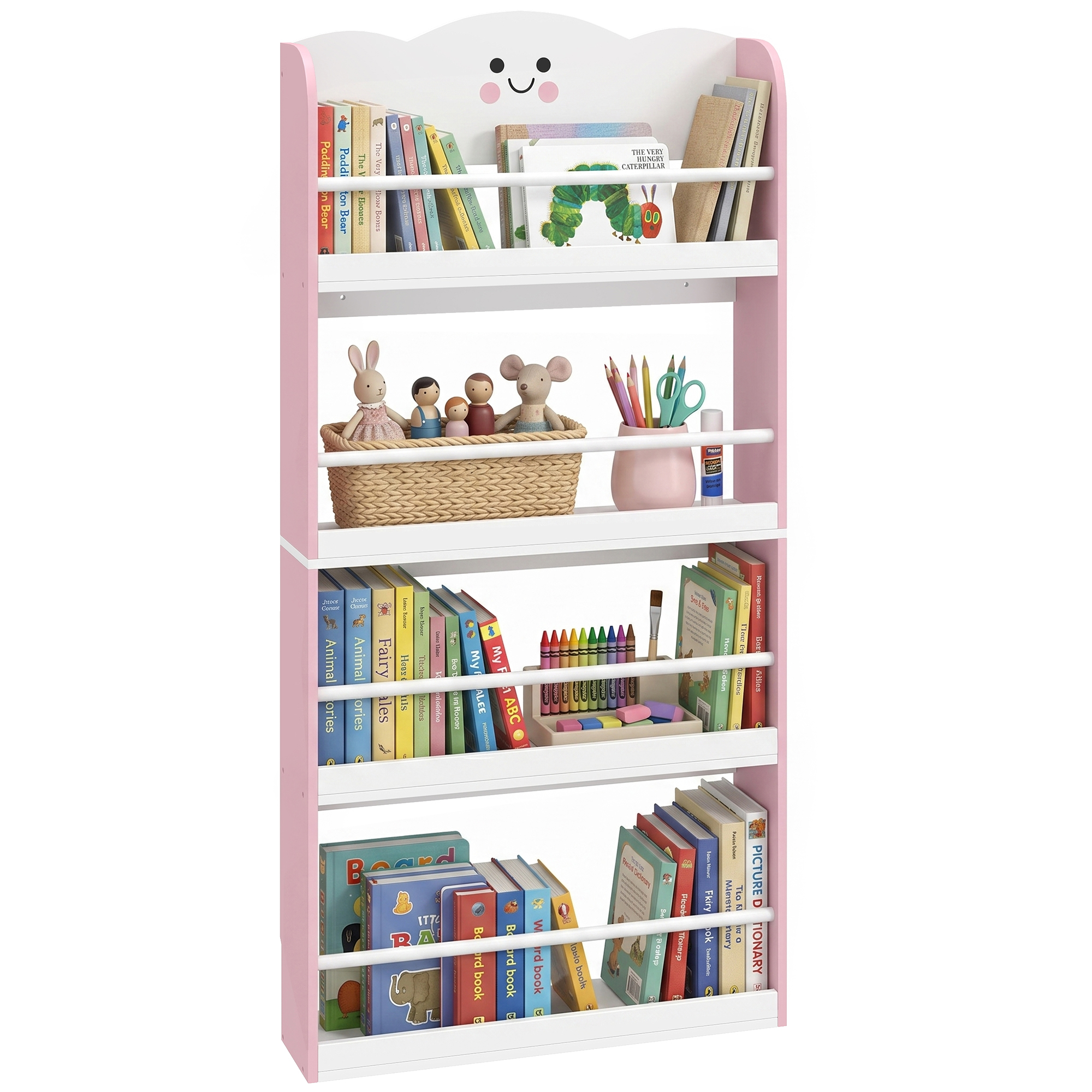 Montessori-bücherregal Für Kinder Von 3 Bis 6 Jahren, Zuckerwatte-motiv, 4 Holzregale, Rosa, Ideal Für Ein Kinderzimmer.