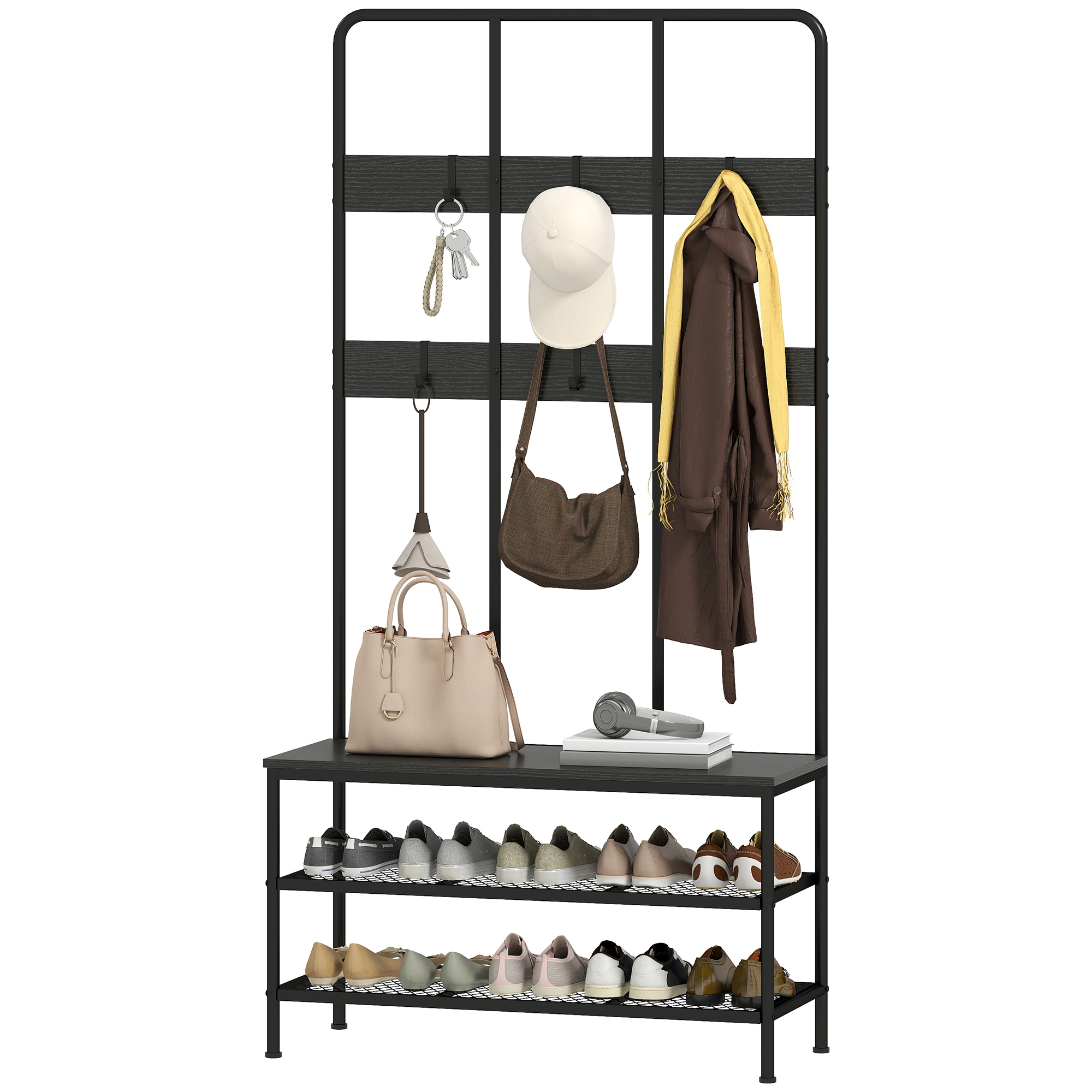 3-in-1 Garderobenständer, Kleiderhaken, Bank, Schuhregal, Metall, Spanplatte, Schwarz