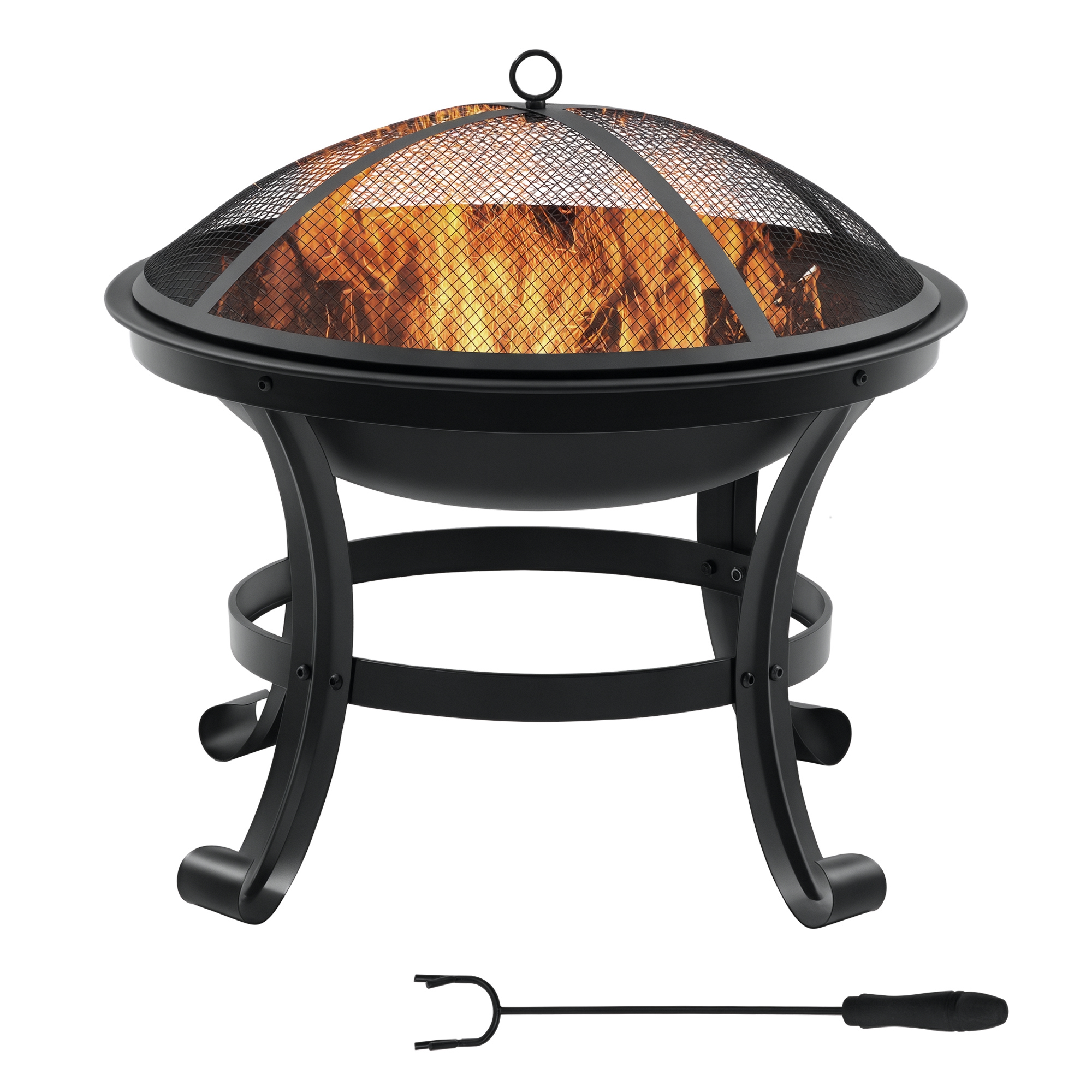 Feuerstelle Aus Stahl Für Den Außenbereich Mit Funkenschutzgitter Und Schürhaken Für Lagerfeuer, Ø 55 X 50 Cm, Schwarz