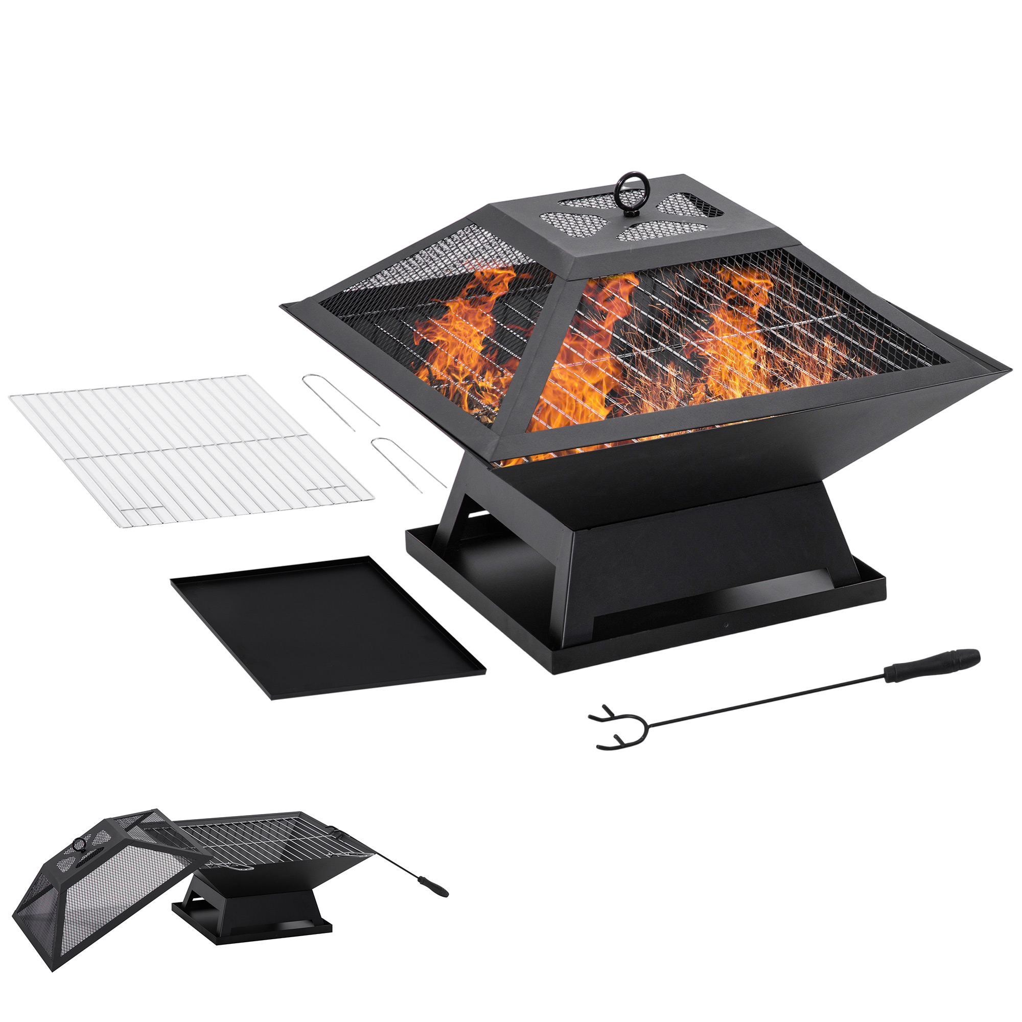 Feuerschale Aus Edelstahl, 45 X 45 X 34 Cm, Mit Funkenschutzgitter Und Schürhaken, Für Garten, Balkon, Grillplatz, Camping, Schwarz
