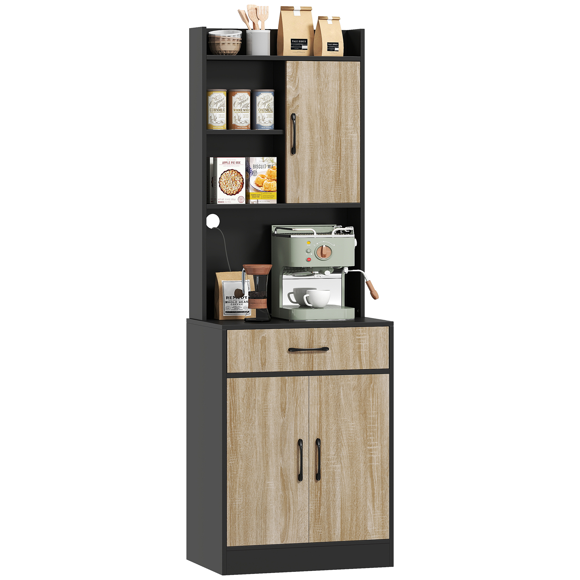 Küchenschrank Mit Arbeitsplatte Und Kabelmanagement, Moderne Küchenkommode Mit Schublade, 3 Offene Regalböden, Naturholz, Schwarz