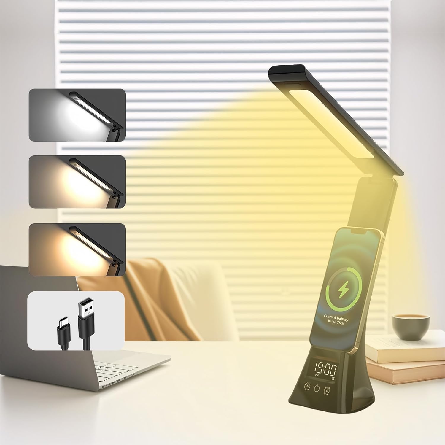Wiederaufladbare Schreibtischlampe, Faltbare Und Schwenkbare Led-lampe, Kabellose Ladestation, Einstellbare Helligkeit, Licht Mit Augenschutz (schwarz)