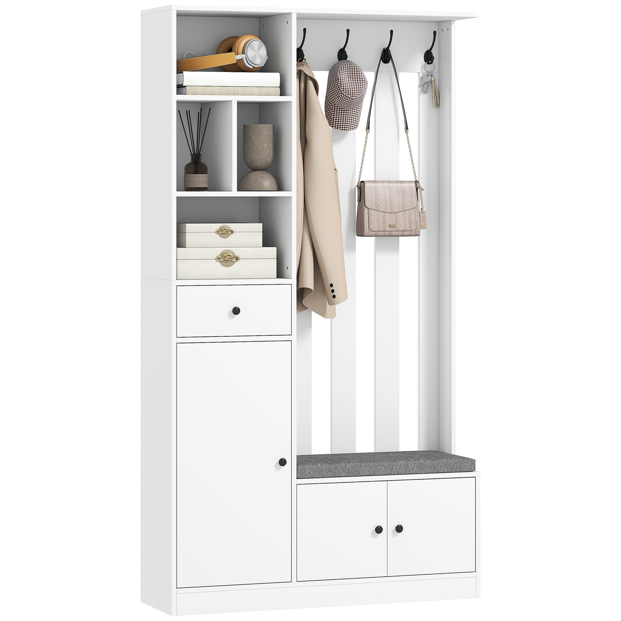 180 Cm Breiter Kleiderschrank Mit Kleiderstange, Schuhbank, 4 Haken, Offenen Regalen, Mdf, Weiß