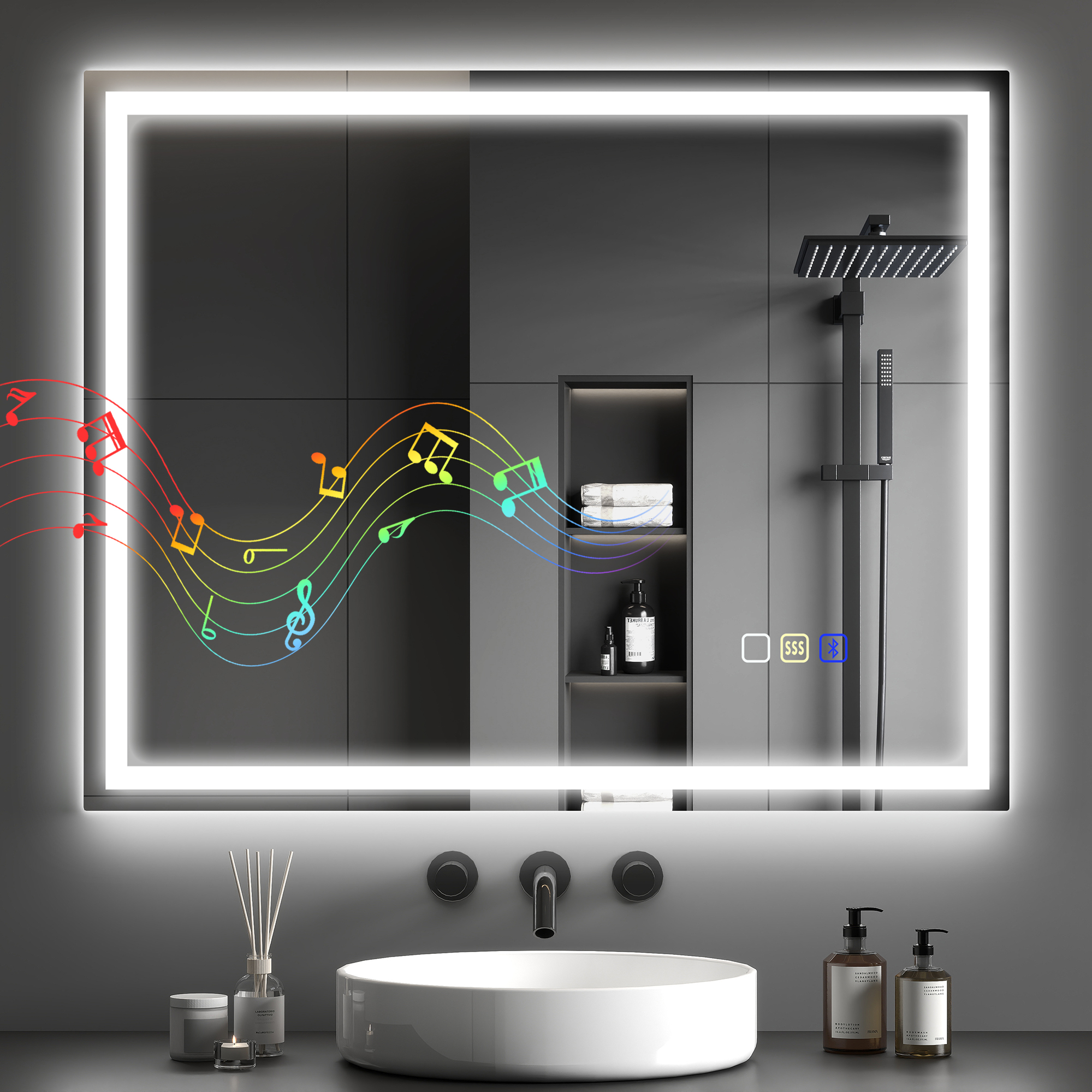 Antibeschlag-badezimmerspiegel Mit Einstellbarer Led-beleuchtung, Bluetooth-lautsprecher, Touch-tasten, 80 X 100 Cm