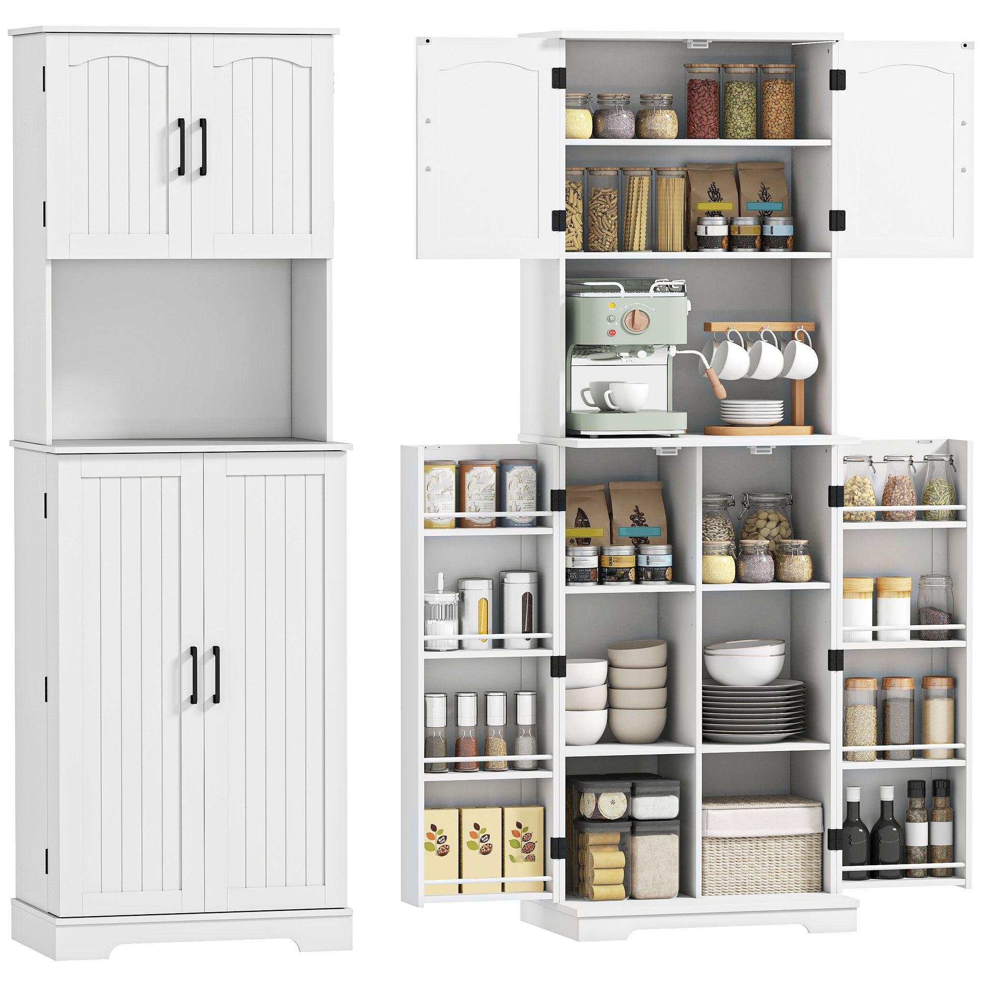 Hohes Küchen-sideboard Im Landhausstil Mit 2 Schränken Und 8 Gewürzablagen, 60 X 40 X 181,5 Cm, Weiß