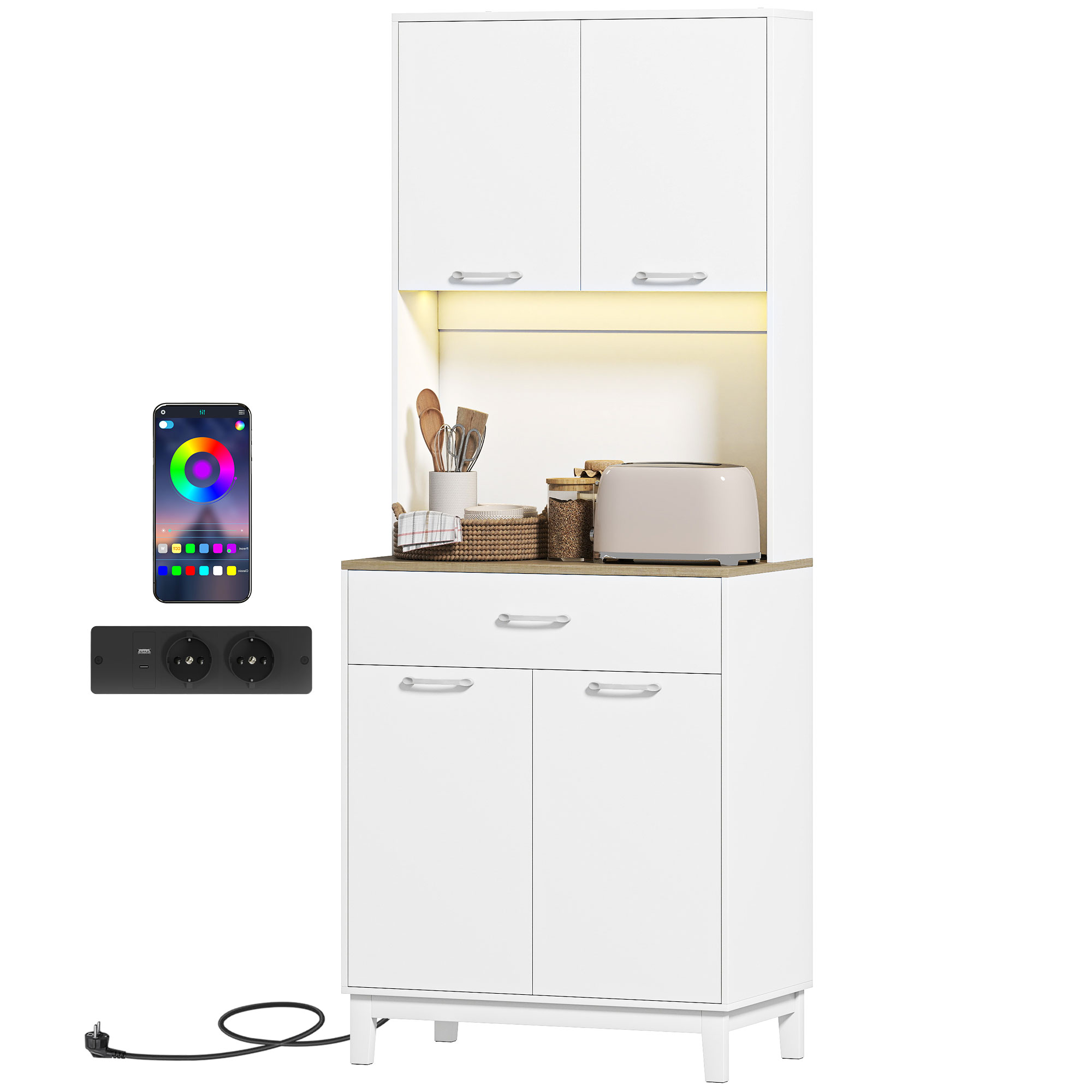 Hohes Küchenbuffet Mit Led-beleuchtung Und Ladestation, Küchenschrank Mit 4 Türen, Schublade Und Arbeitsplatte, Weiß