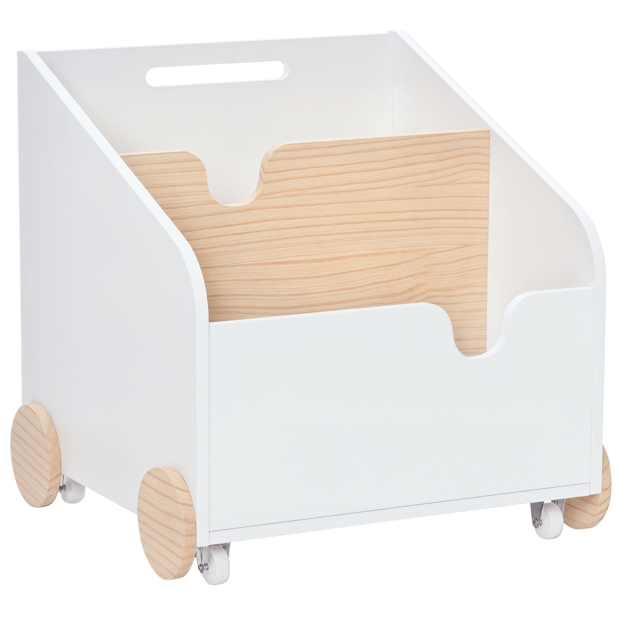 Spielzeugaufbewahrungskiste Aus Holz, 2 Fächer, Mit Rollen Und Griff, Rollbares Regal Fürs Kinderzimmer, 40 X 43 X 43 Cm, Weiß Und Natur