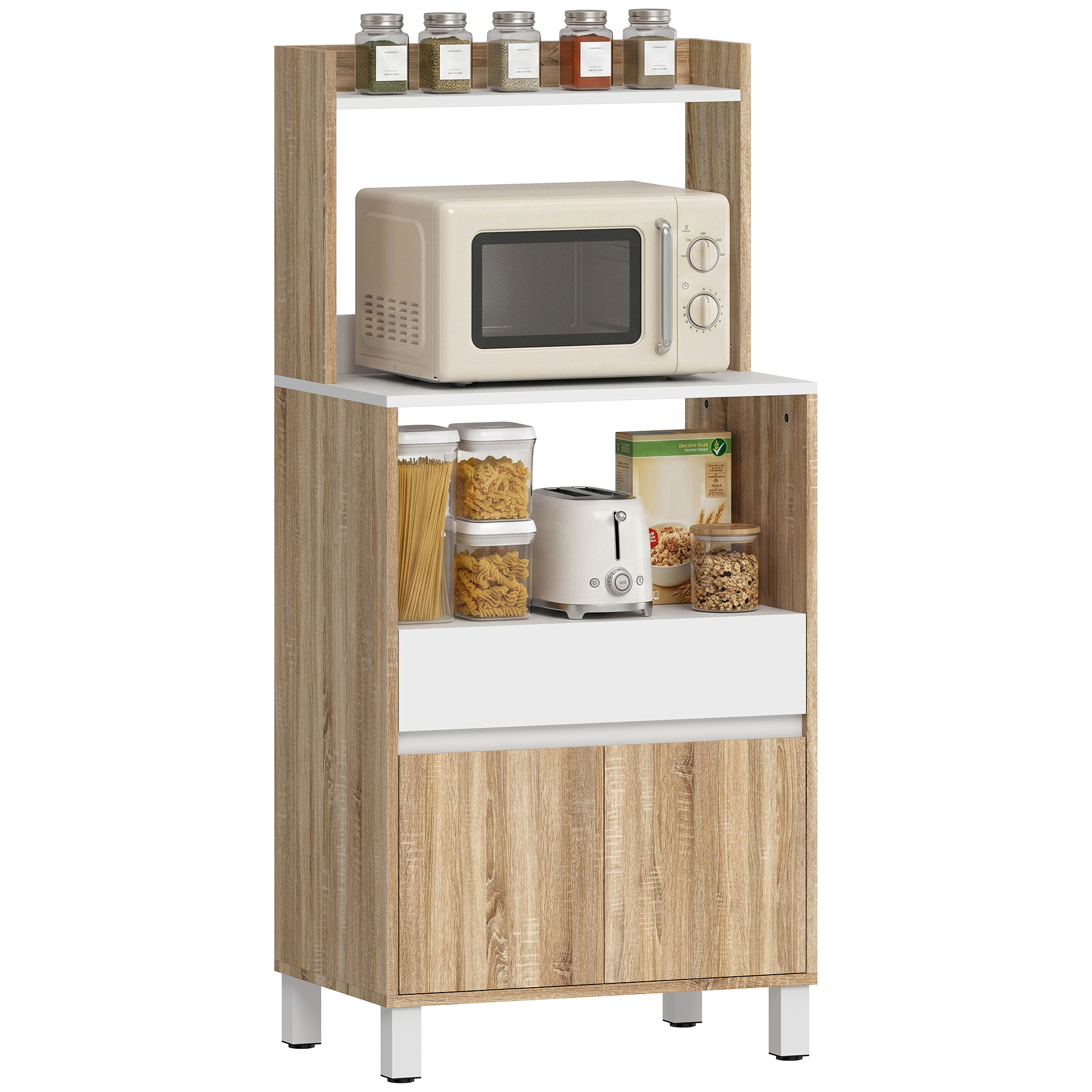 Mikrowellenschrank, Küchenbuffet Mit Schublade, 2 Türen Mit Soft-close-funktion, Arbeitsplatte Und Offenen Regalen, Eiche