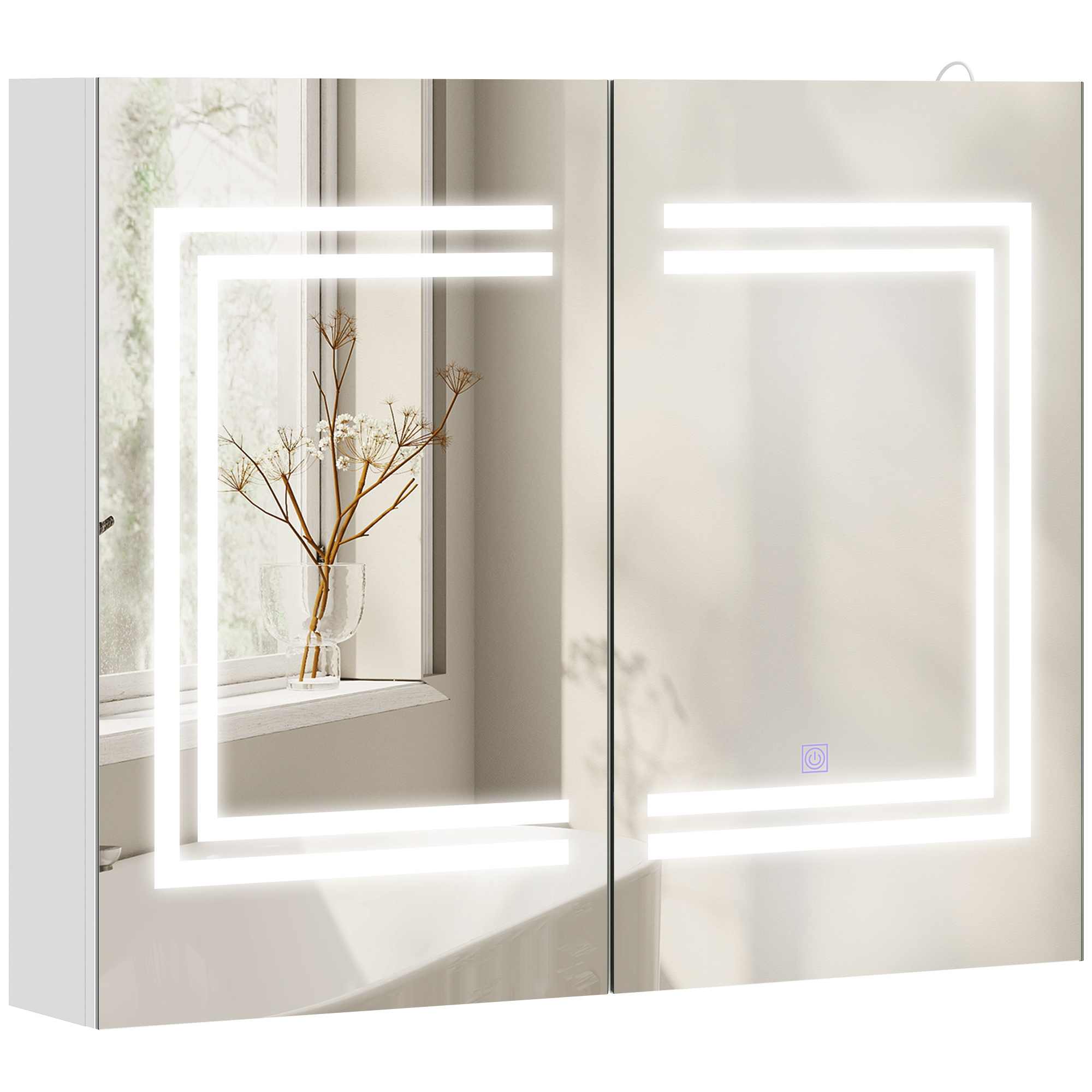 Badezimmerspiegel Mit Led-beleuchtung, Verstellbaren Ablagen Und Touch-schalter, Aus Holz Und Glas, 80 X 15 X 65 Cm, Weiß