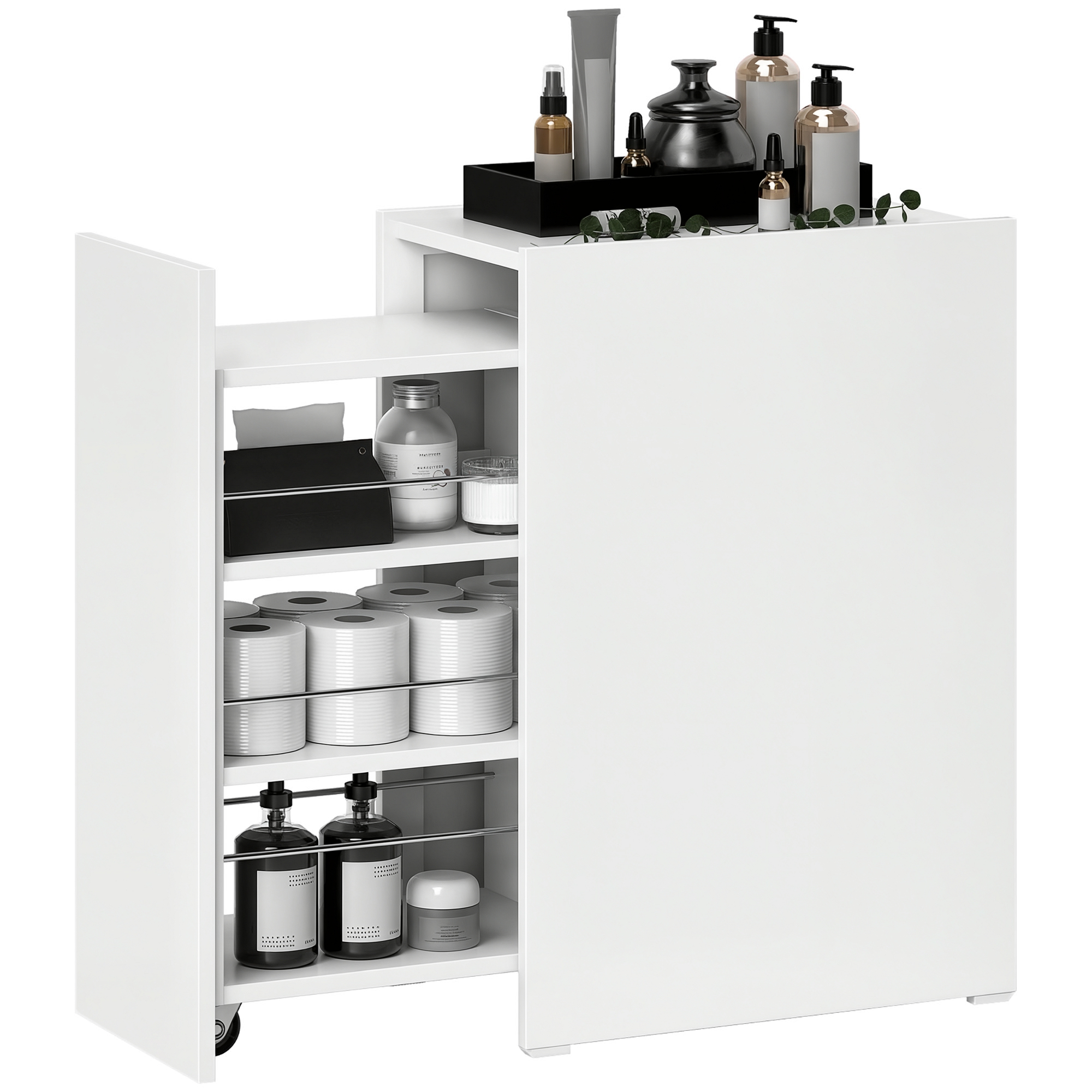 Schmaler Badezimmerschrank Mit Schublade Und Rollen, Freistehender Organizer Mit 3 Fächern, 47 X 30 X 66,5 Cm, Weiß