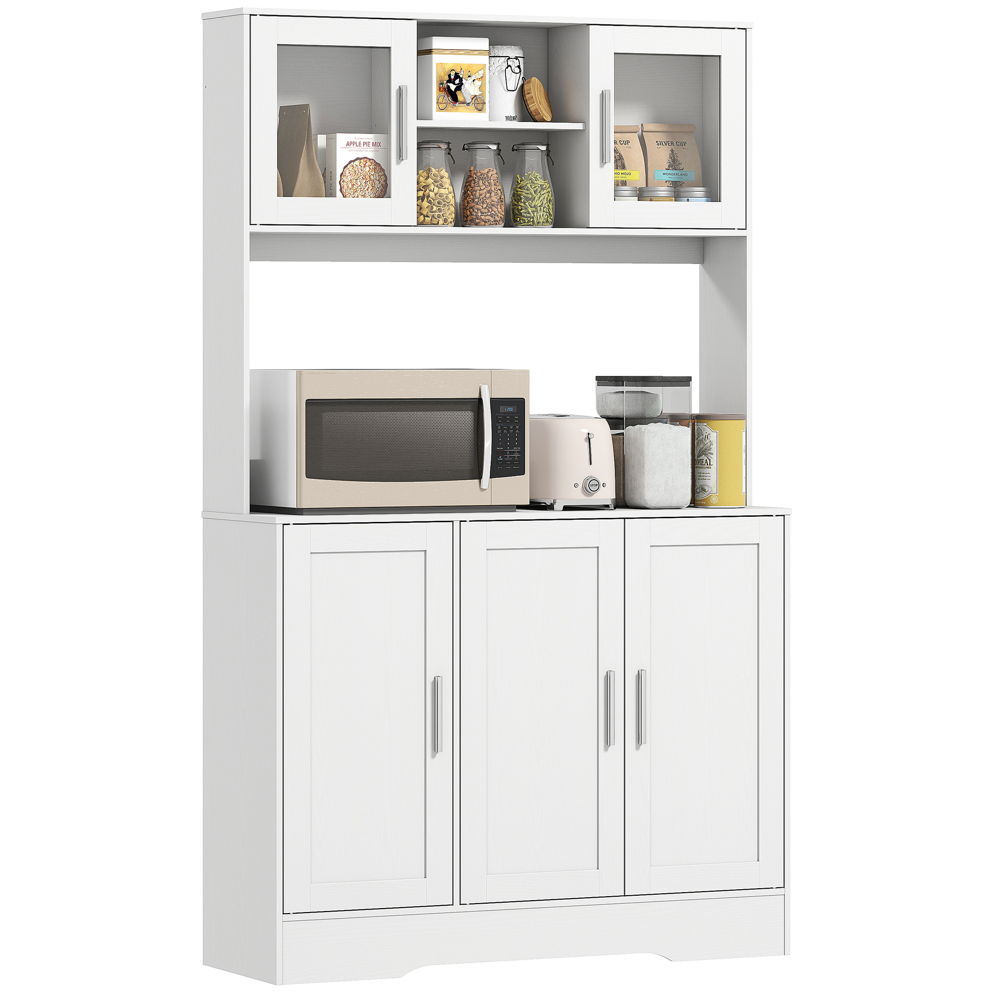 Küchenschrank Mit 4 Schränken, 2 Offenen Regalen Und Einer Arbeitsplatte, Aus Holz Und Glas, 108 X 35 X 180 Cm, Weiß