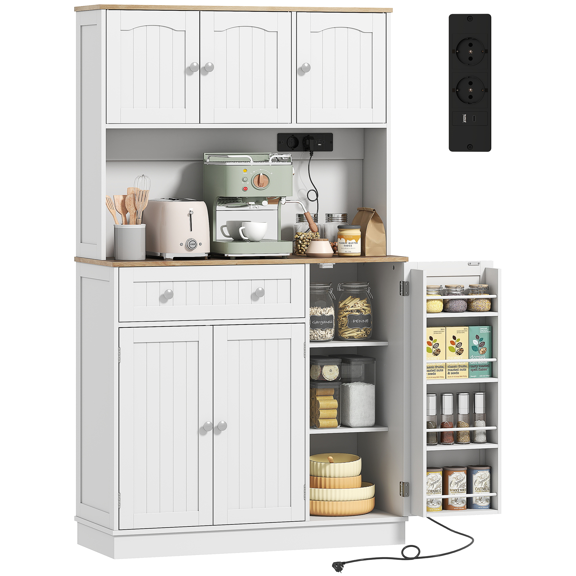 Hohes Küchen-sideboard, Küchenschrank, Ladestation, 6 Türen, Arbeitsplatte, Gewürzregal, 100 X 40 X 173 Cm, Weiß