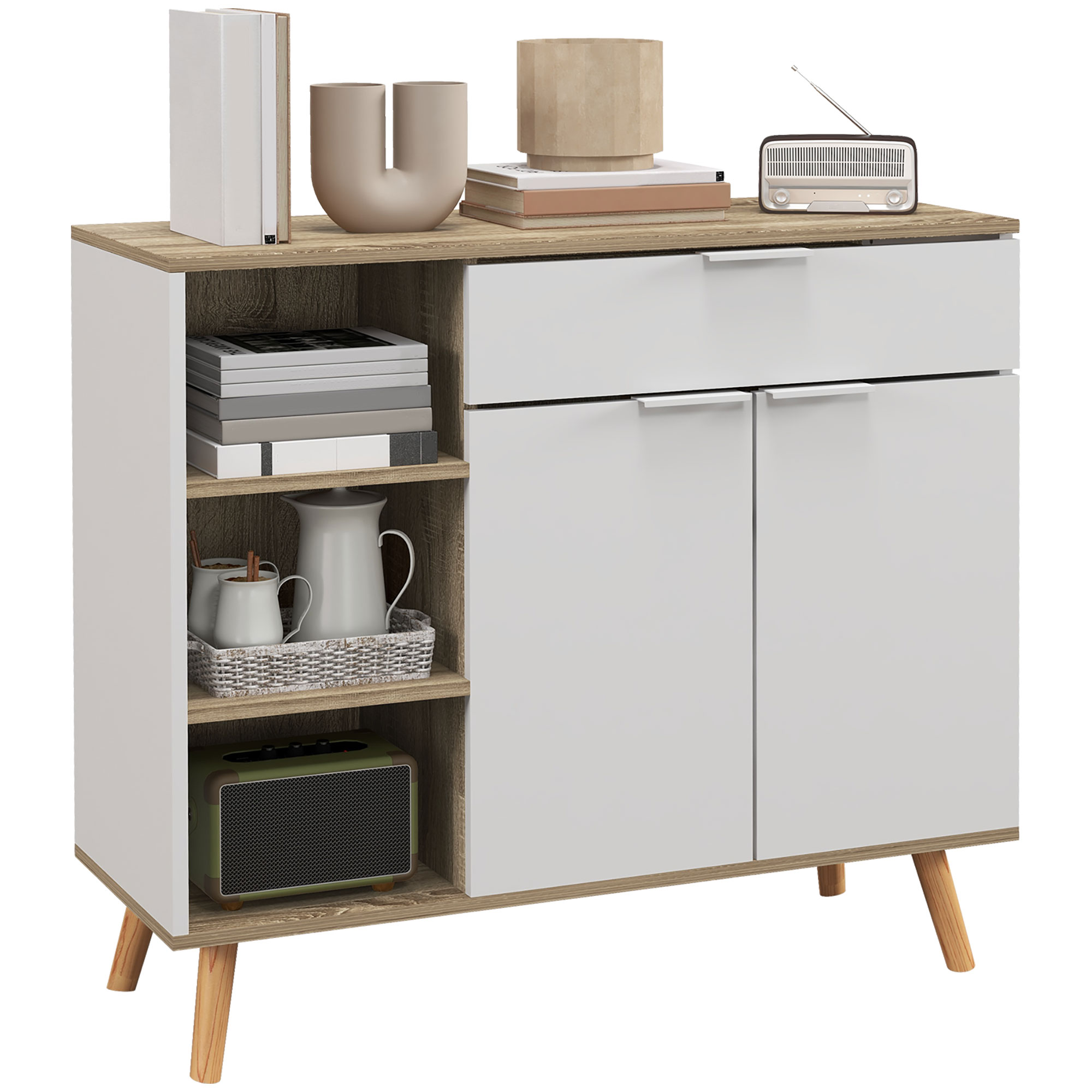 Multifunktionales, Platzsparendes Möbelstück Mit 3 Offenen Regalböden, Schrank Und Schublade, Aus Spanplatte, 95 X 35 X 85 Cm