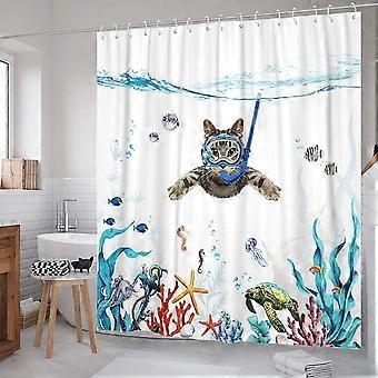 Duschvorhang 180 X 180 Cm, Taucherkatze Und Ozeanmuster, Wasserdicht, Waschbar, Schnelltrocknend, Aus Polyester, Badezimmeraccessoire Mit 12 Haken.