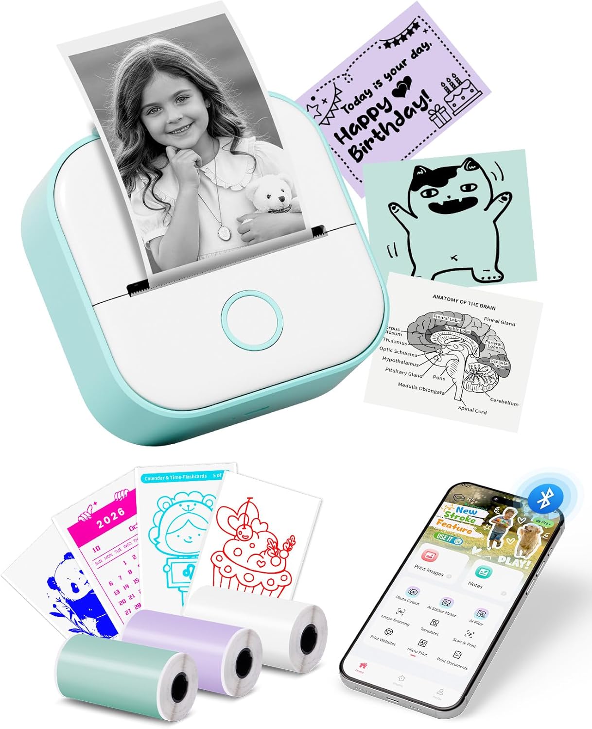 Mini Drucker T02 Mini Drucker Für Smartphone Fotodrucker Mini Thermodrucker Bluetooth Etikettendrucker Minidrucker Aufkleber Drucker Für Geschenke, Studiennotizen, Anatomische Diagramme, Fotos