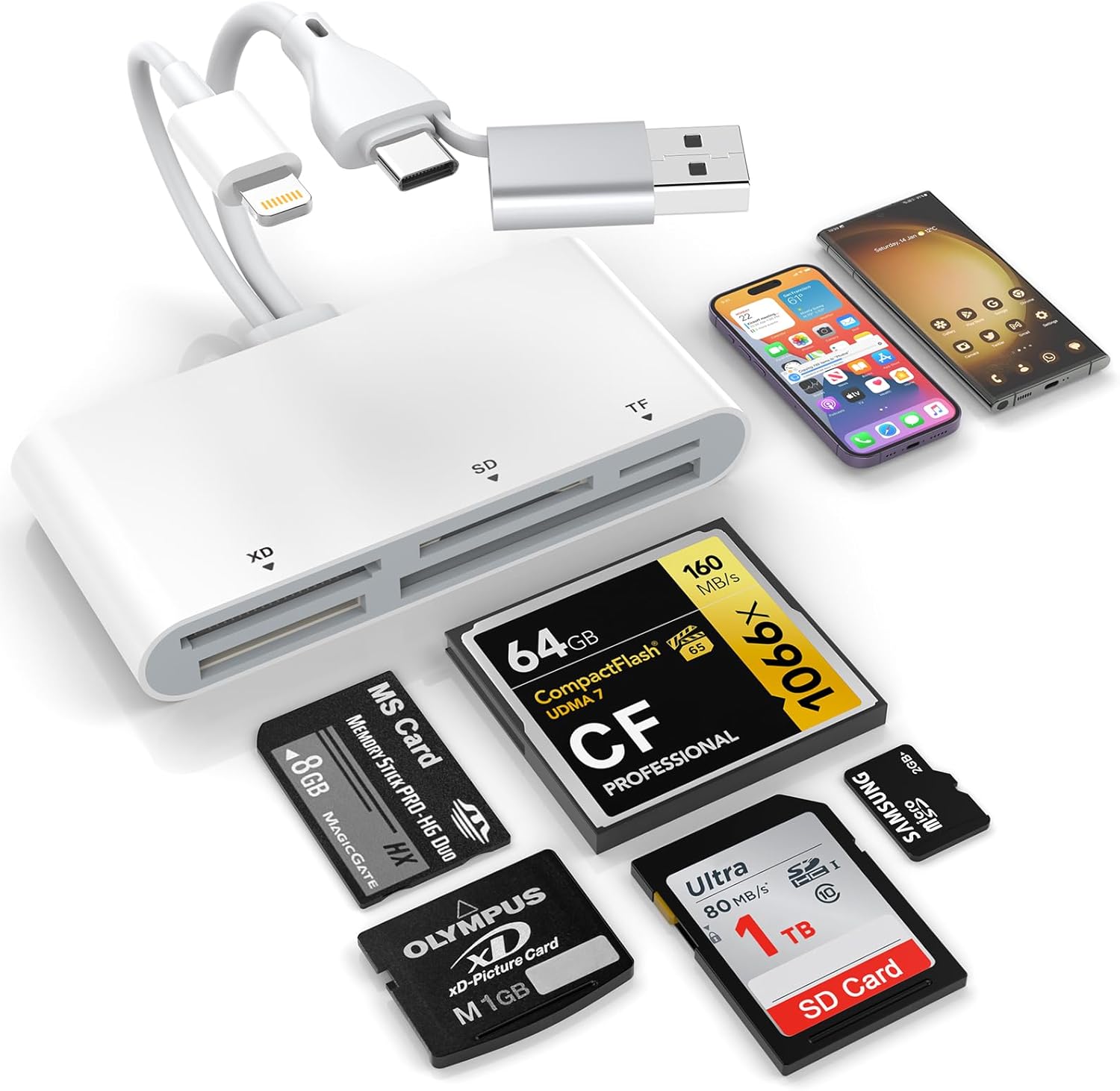 5-in-3-speicherkartenleser, Usb-otg-adapter Lightnin-typ C-usb A Auf Sd/tf/cf/micro Sd/xd/ms, Multi-kartenleser Für Iphone/ipad/android/macbook/pc Mit Windows/mac/linux/android