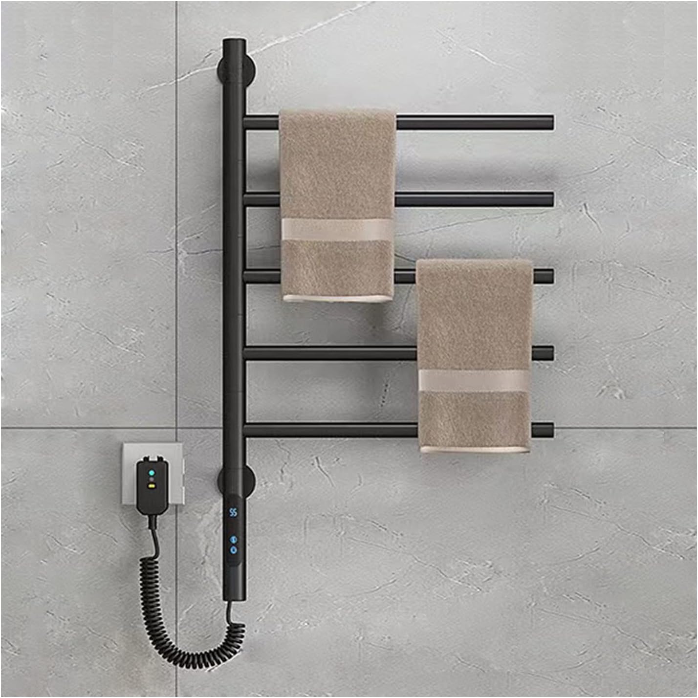 Elektrisch Beheizter Handtuchhalter, Drehbarer Handtuchwärmer, Wandmontierter Wäscheständer, 5-teiliger Handtuchwärmer Aus Edelstahl, Mit Integriertem Timer, 1 Stunde Bis 8 Stunden, 82 Watt, Schwarz