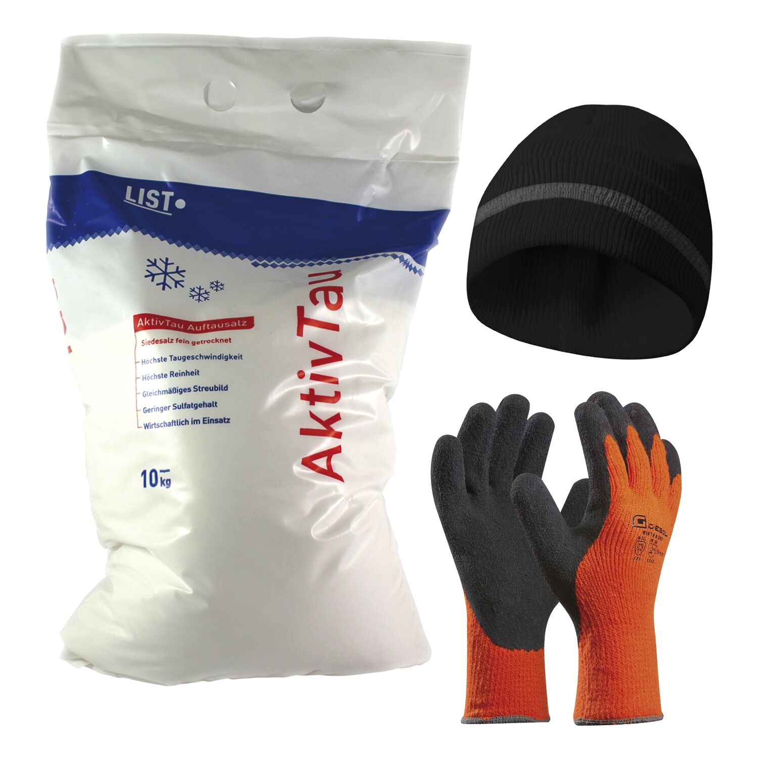 Winter-set Streusalz 10 Kg + Winter-handschuhe Gr. 11 (xxl) + Haube