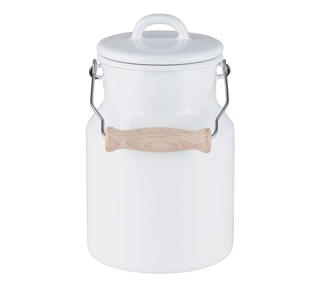 Riess Oma`s Milchkanne mit Deckel & Holzgriff Emaille Weiß 1,5L