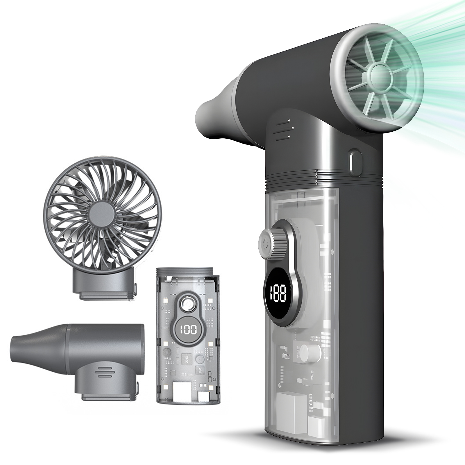 3-in-1 Elektrischer Luftbläser: 28w Mobiles Netzteil Mit 6 Leds, Doppelmagnetlüfter 100.000 U/min, Einstellbare Turbogeschwindigkeit Von 1 Bis 30, Wiederaufladbar, Kabellos, Tragbar, Trockenstrahl.