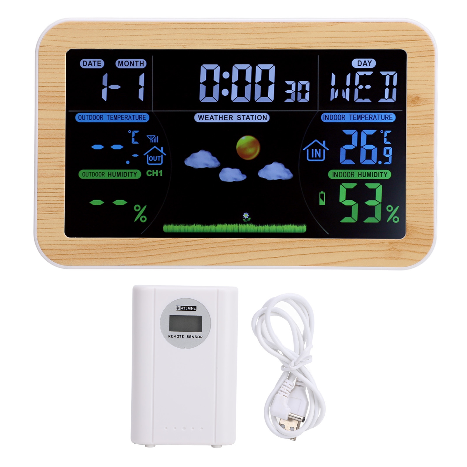 Lcd-wetteruhr Für Den Innen- Und Außenbereich Mit Temperatur- Und Feuchtigkeitsanzeige Sowie 24-stunden-wettervorhersage Für Garage/abstellraum