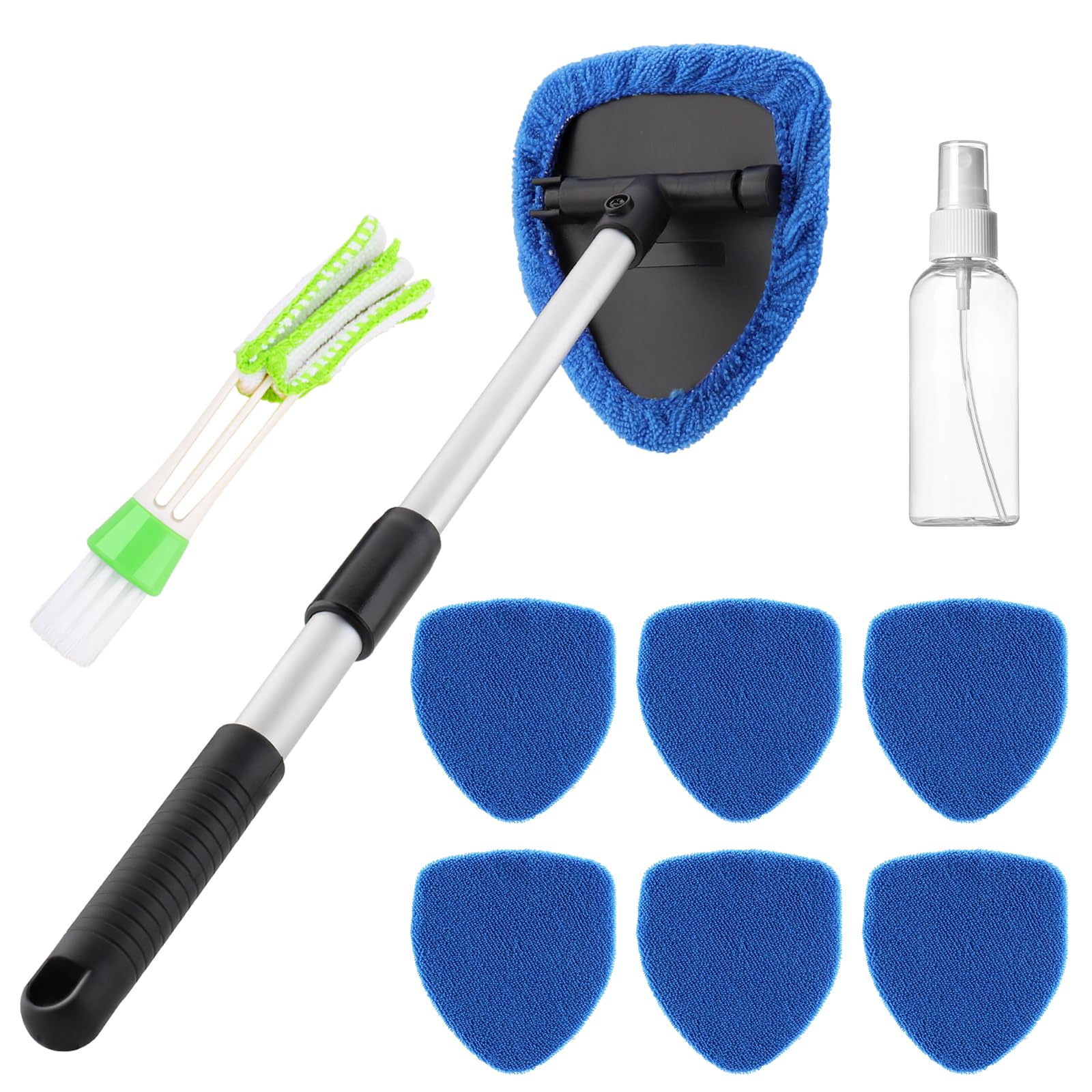 Autoreinigungsset, 6 Waschbare Pads, Innenreinigung Der Windschutzscheibe, Teleskopgriff Mit 180° Schwenkbarem Kopf (blau)