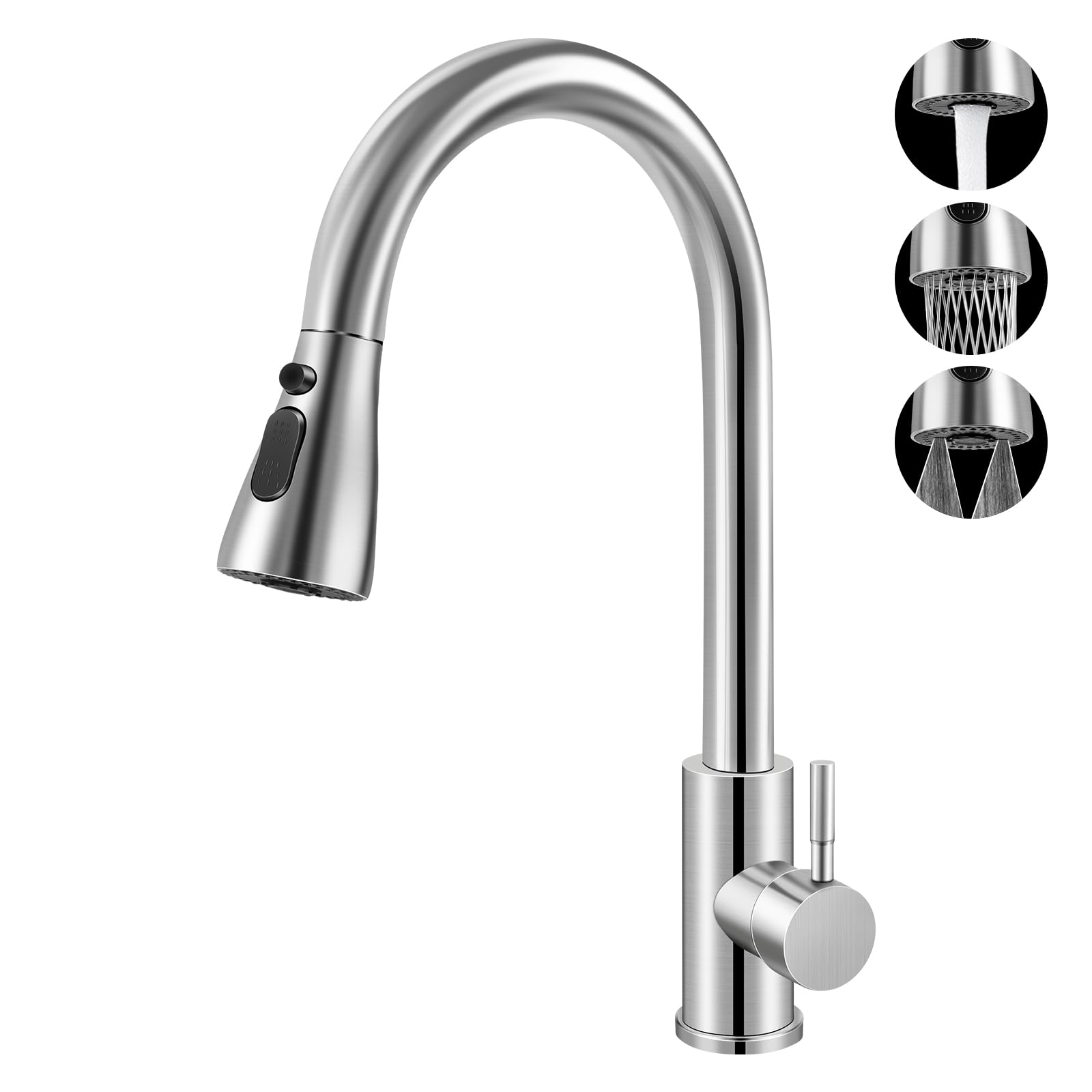 Hochdruck-küchenarmatur Mit Ausziehbarem Brausekopf, Ausziehbarer Armatur Mit 3 Strahlarten, Aus 360° Drehbarem Edelstahl