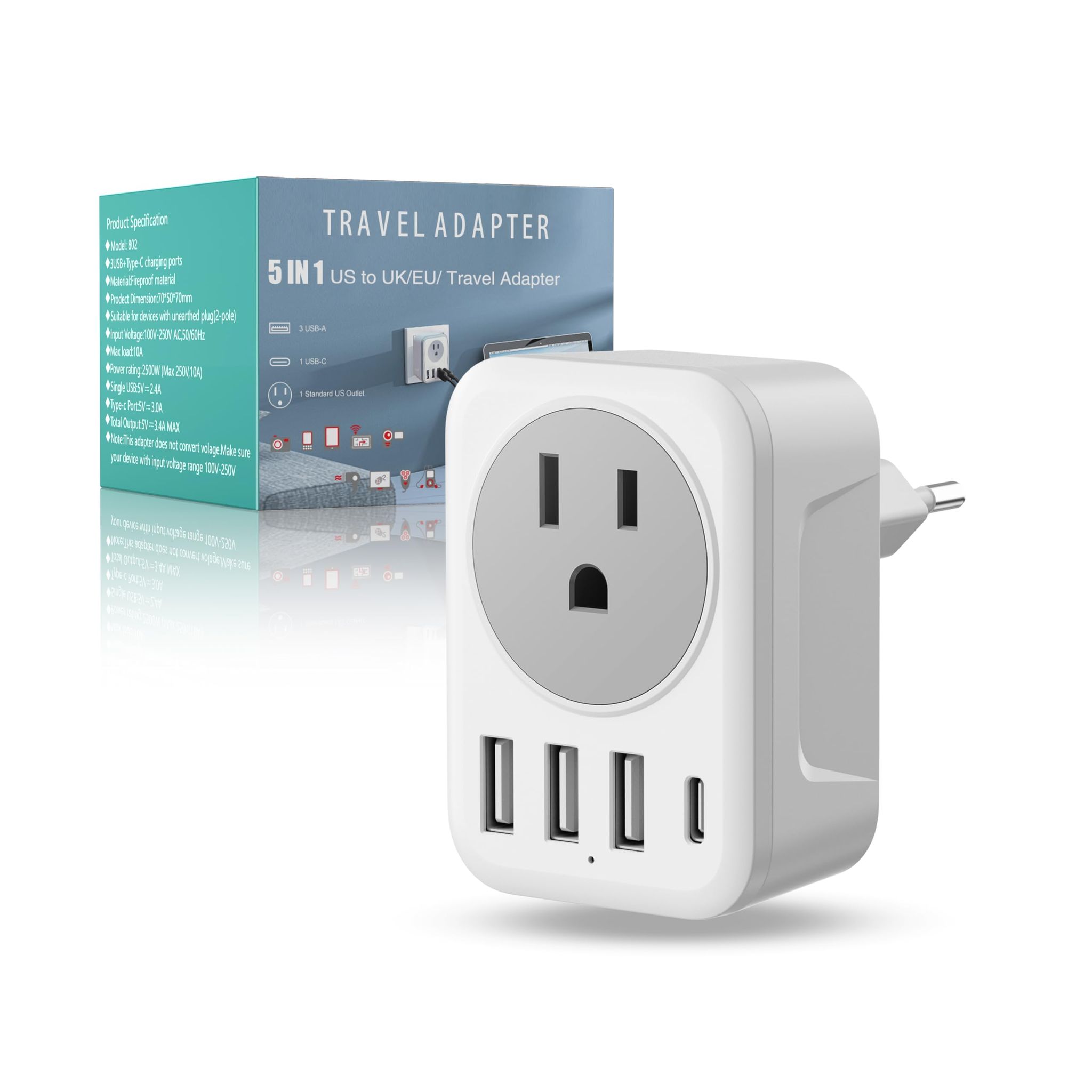 Reiseadapter Für Europa, Internationaler Reiseadapter Mit Schnellladefunktion, 4 Usb-anschlüssen, 5-in-1-netzadapter Typ-c