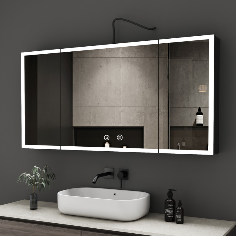 3 Türen Led Spiegelschrank Mit Beleuchtung 120x60cm Aluminium Spiegelschrank Bad Mit Beleuchtung Badezimmerschrank, Badschrank Spiegel Kabinett Mit 3-farben Dimmbar, Beschlagfrei, Schwarz