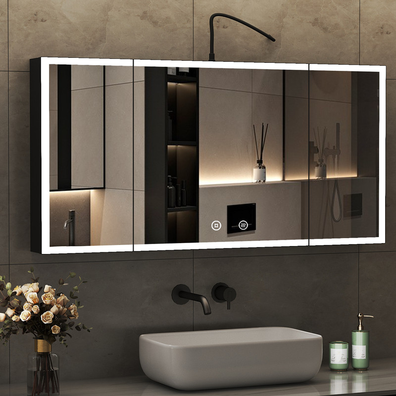 3 Türen Groß Spiegelschrank Mit Beleuchtung 120 X 60 Cm, Bad-hängeschränke Led Spiegelschrank Bad Mit Beleuchtung, Touch-schalter, 3 Einstellbare Lichtfarben, Beschlagfrei, Schwarz