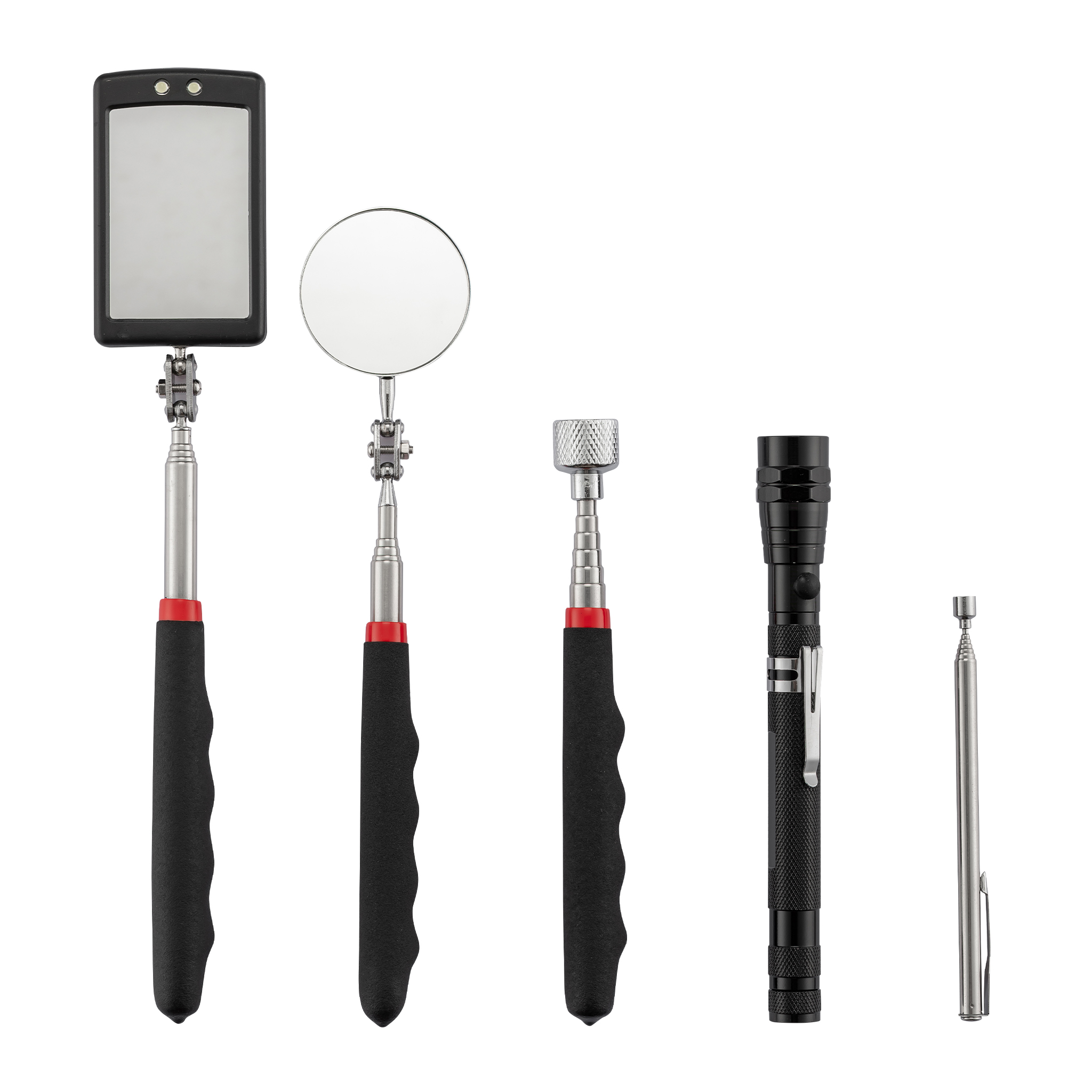 Wiltec Magnetheber Set 5-tlg Mit Led, Teleskop Magnetstab Bis 80 Cm, Inspektionsspiegel Rund Und Eckig, Aufhebehilfe Mit Taschenlampe Für Werkstatt Und Reparatur