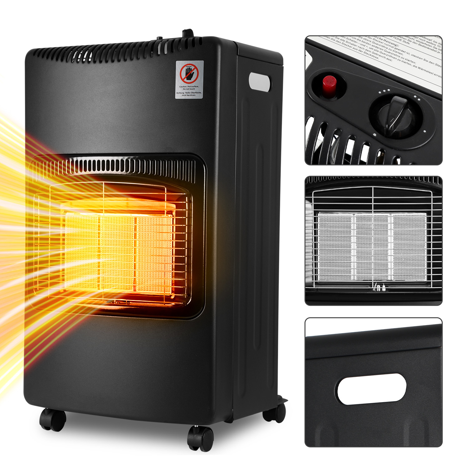 Wolketon Gasheizer 4200w Keramik, 3 Heizstufen, Ods & Kippschutz, Inkl. Druckregler Und Schlauch, 4 Rollen