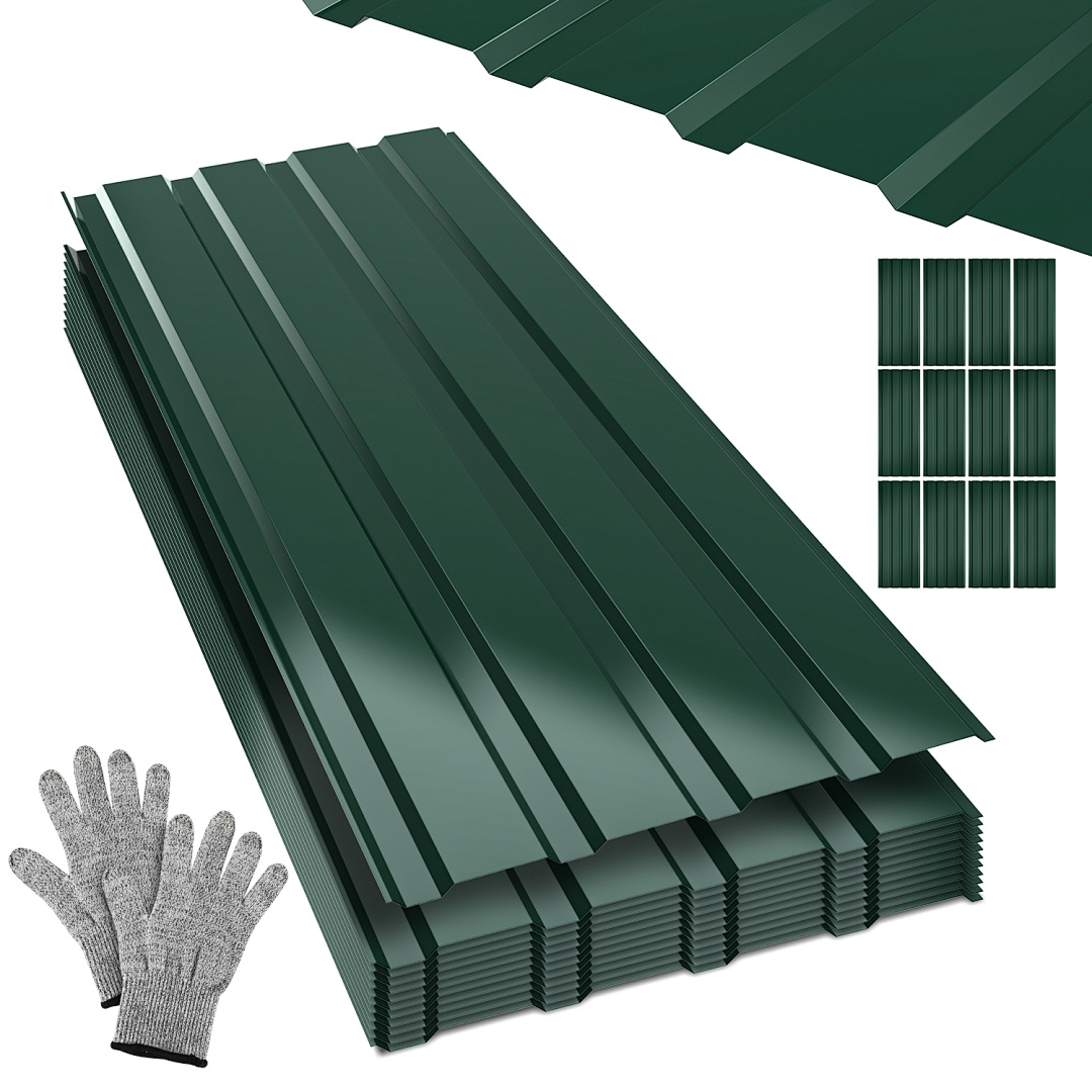 Wolketon 48 Stück Dachblech Trapezblech Profilblech Platten Aus Metall, Glatte Oberfläche, Mit Handschuhen, 115x45 Cm, 0,25 Mm, 24 M², Grün