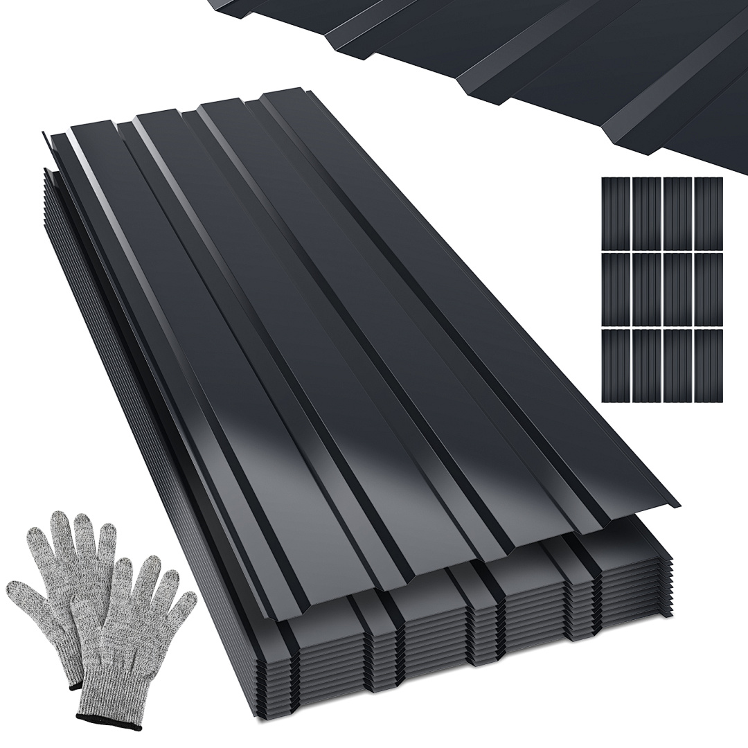 Wolketon 24 Stück Dachblech Trapezblech Profilblech Platten Aus Metall, Glatte Oberfläche, Mit Handschuhen, 115x45 Cm, 0,25 Mm, 12 M², Anthrazit