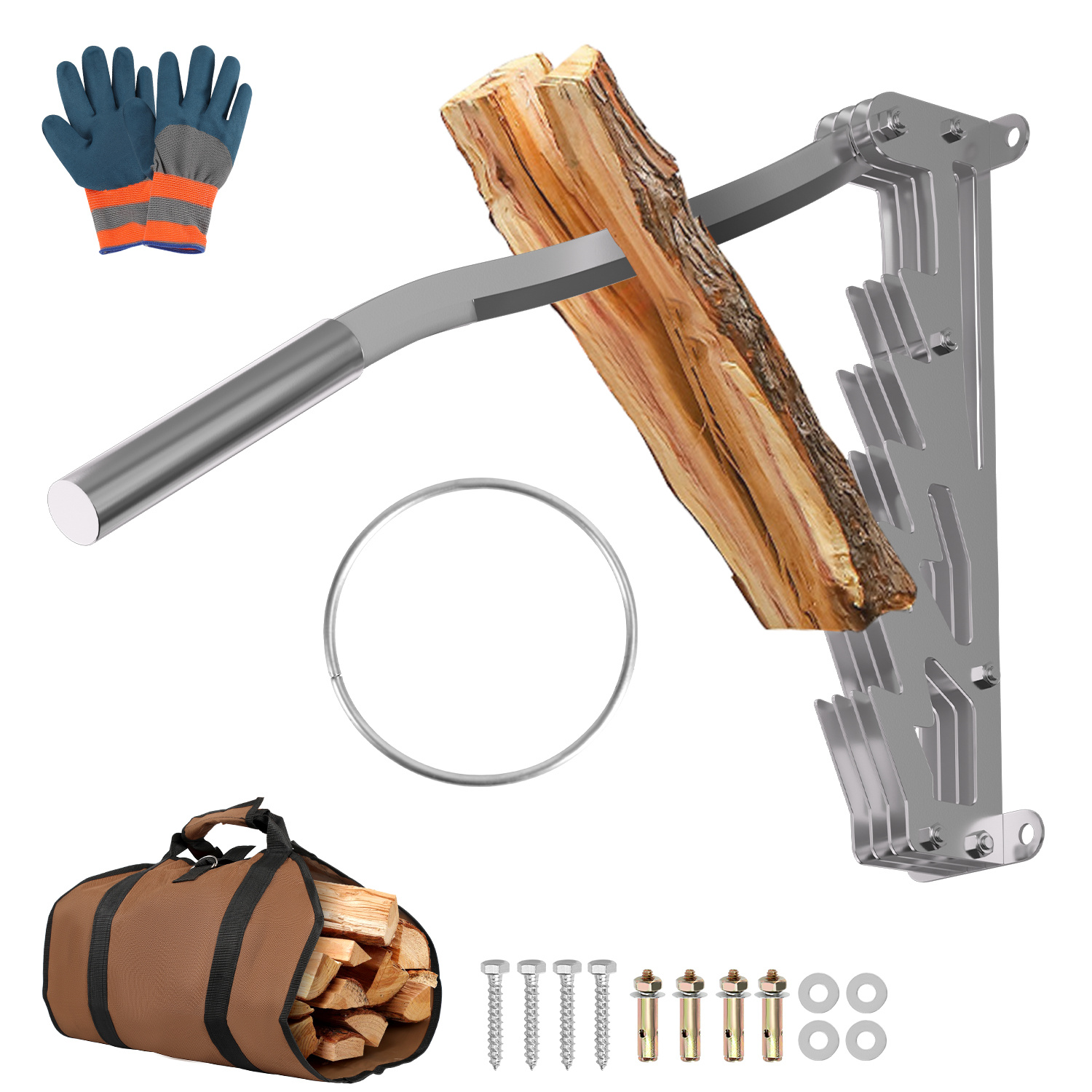 Wolketon Handholzspalter Zur Wandmontage Mit Festem Griff, Brennholztasche Und Schutzhandschuhen, Silber