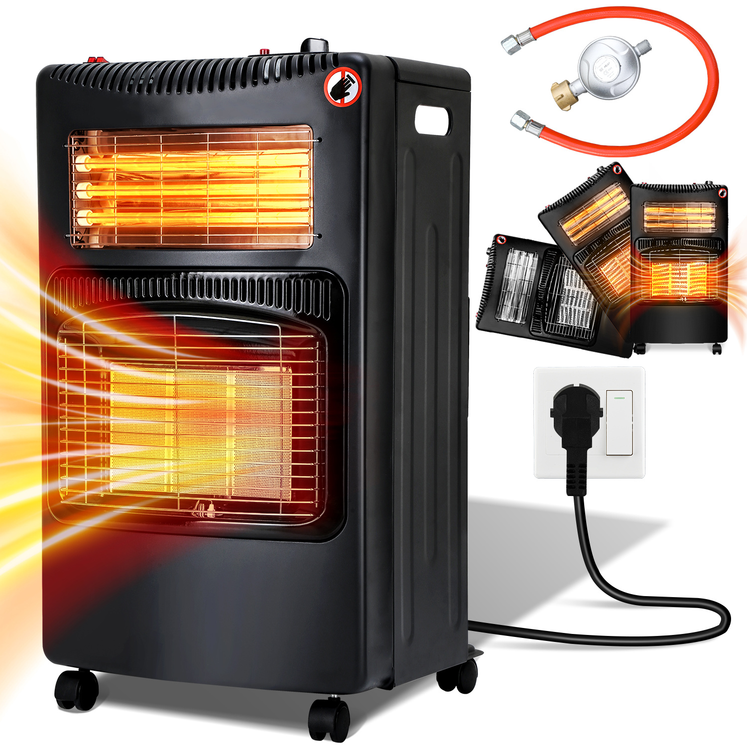 Wolketon Gasofen Elektro Kombi 4200/1200 Watt, Piezozündung, Kippschutz, Ods, 5 Lenkrollen, Schwarz