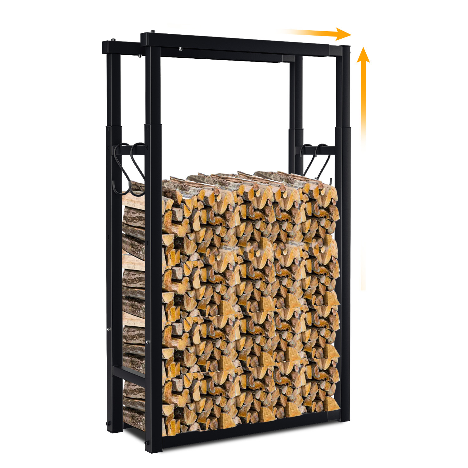 Wolketon Verstellbares Kaminholzregal Brennholzregal Aus Metall Mit 4 Haken, Länge 60/80/100 Cm, Höhe 100/125/150 Cm, Breite 25 Cm
