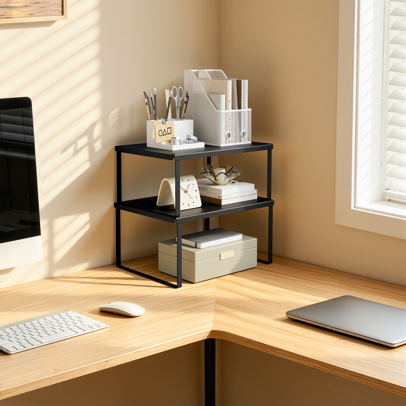 Woltu 2x Gewürzregal, Küchen Organizer Stapelbar, Küchen Aufbewahrungsschrank, Für Arbeitsplatte Schminktisch Küche Arbeitszimmer Badezimmer, Metall, 22x30x15 Cm + 21x30x13 Cm, Schwarz