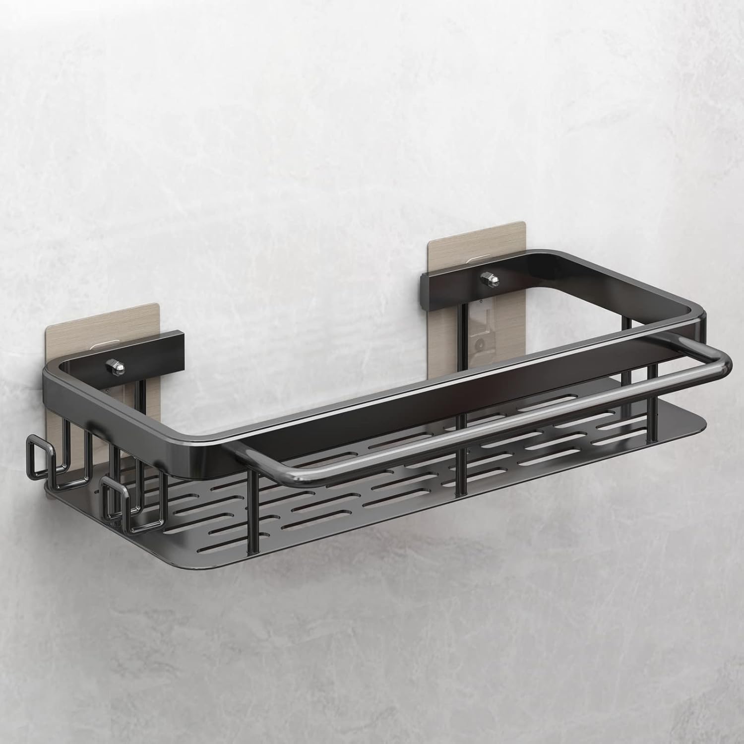 Spülbecken-schwammhalter-organizer, Selbstklebendes Aluminium-ablagefach Für Seife, Schwämme, Bürsten, Multifunktionale Abtropffläche Mit 2 Haken Und Handtuchhalter, Schwarz