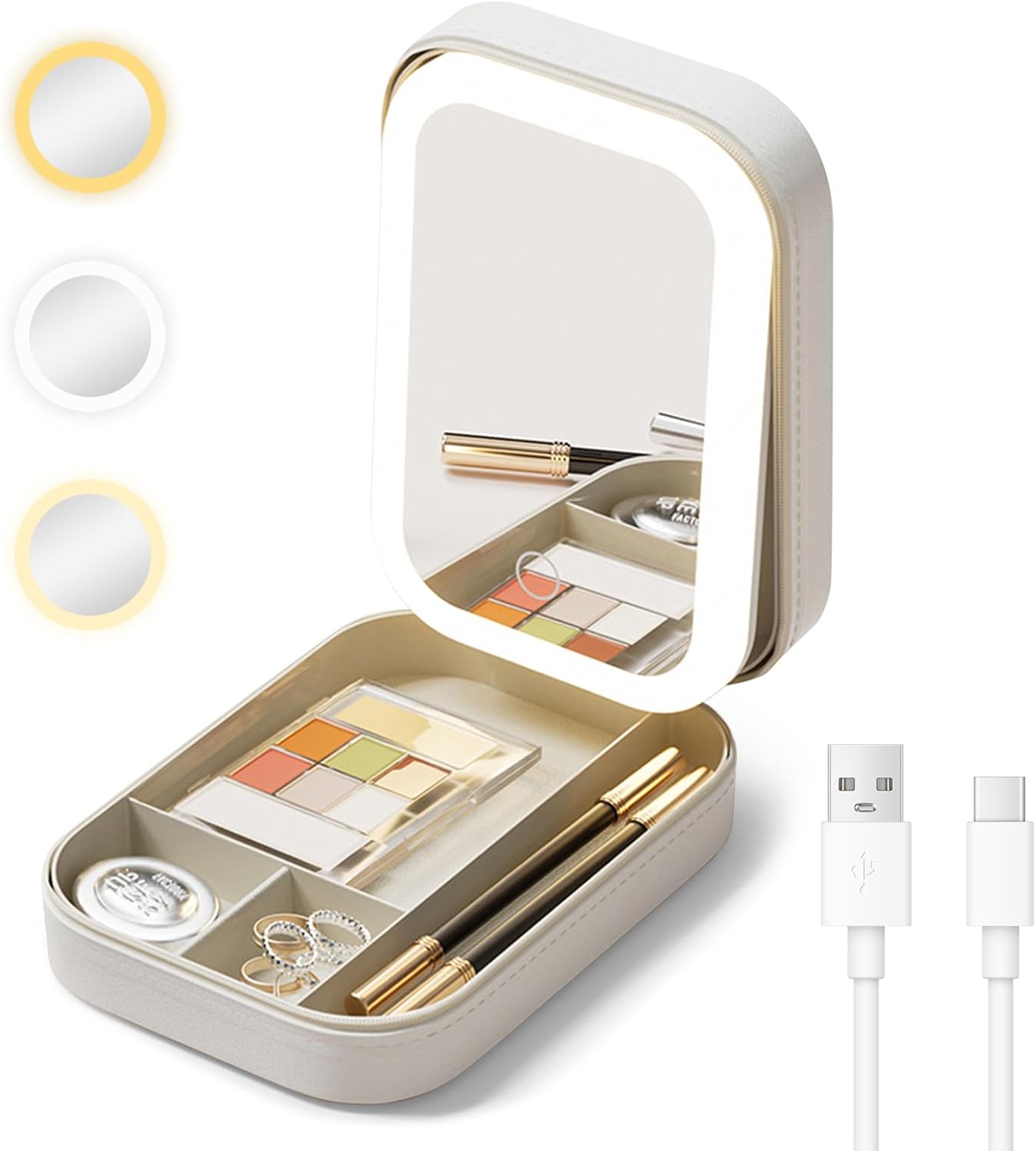 Led-reisespiegel Mit Beleuchtung Und Schmuckorganizer, 3 Lichtfarben, Helligkeit Einstellbar, Usb-aufladbar, Ideal Für Schlafzimmer Und Schminktisch, Weiß